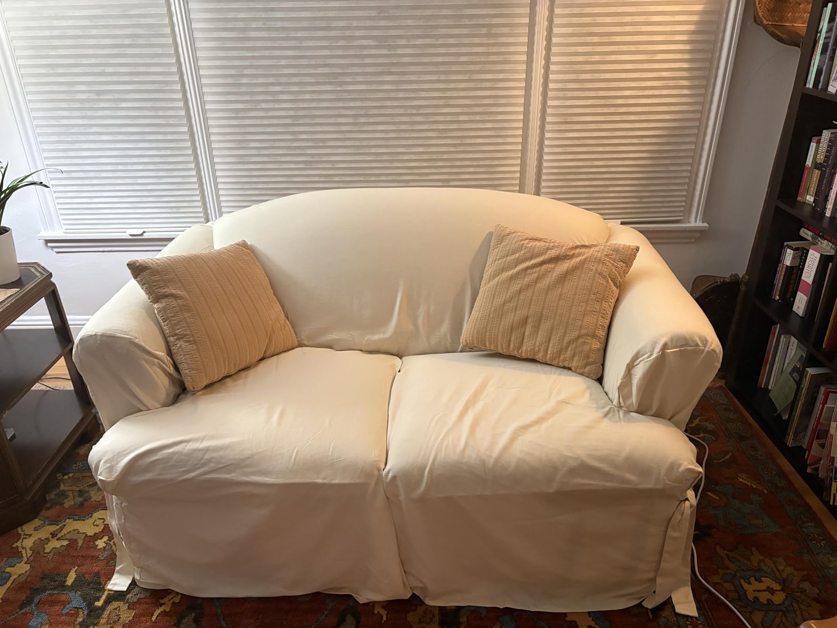 SureFit Home Decor Cotton Duck Solid T-Cushion Loveseat One Piece Slipcover, Relaxed Fit, 100% Cotton, Machine Washable, Natural Color customer photo 1