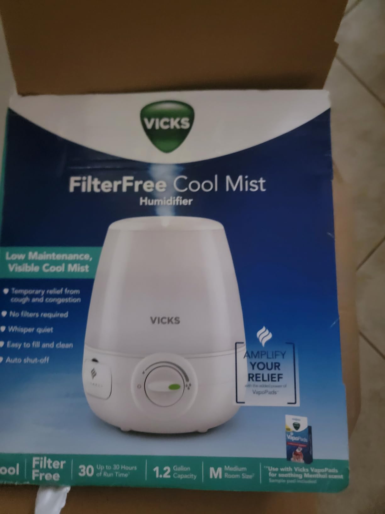 Vicks Filter-Free Ultrasonic Humidifier, Recommended by Pediatricians, 1.2 Gal Ultrasonic Cool Mist Humidifiers for Bedrooms & Kids Rooms, Works with Vicks VapoPads customer photo 1
