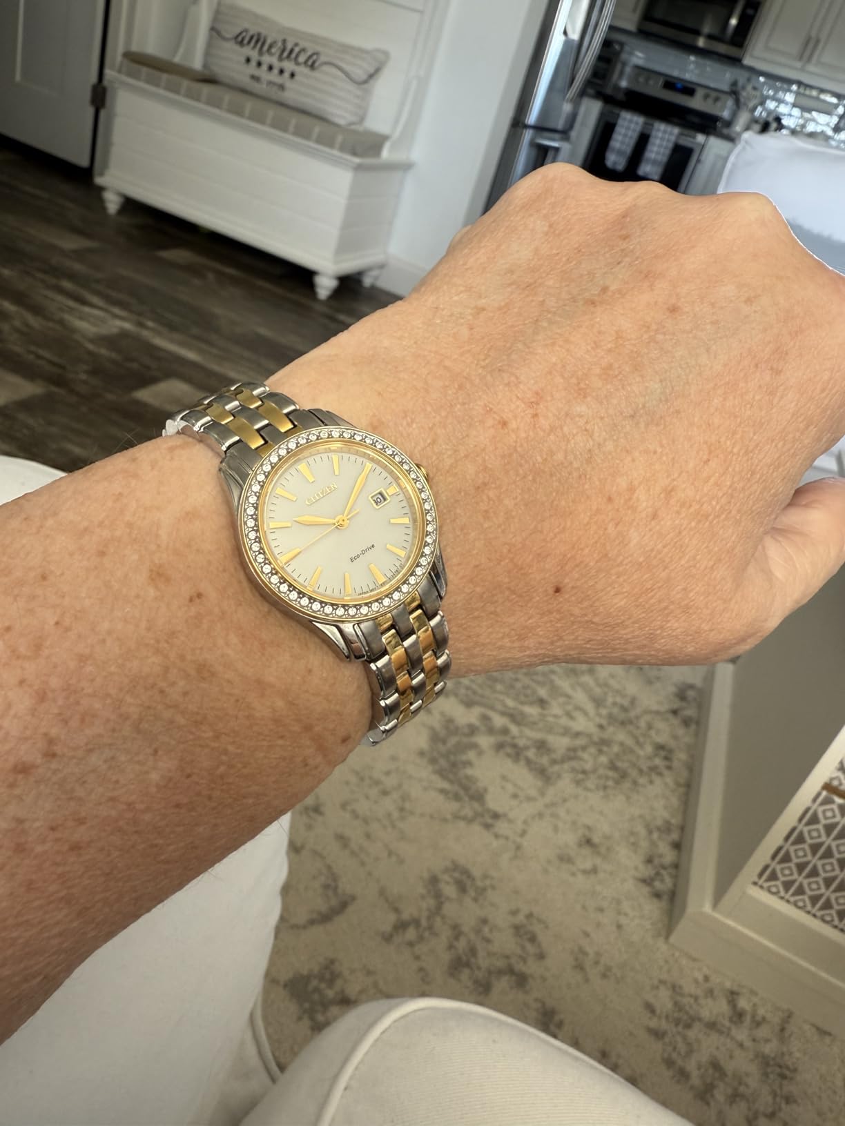 Women's Eco-Drive Dress Classic Crystal Watch in Two-Tone Stainless Steel, Silver Dial, 28mm (Model: EW1908-59A) customer photo 1