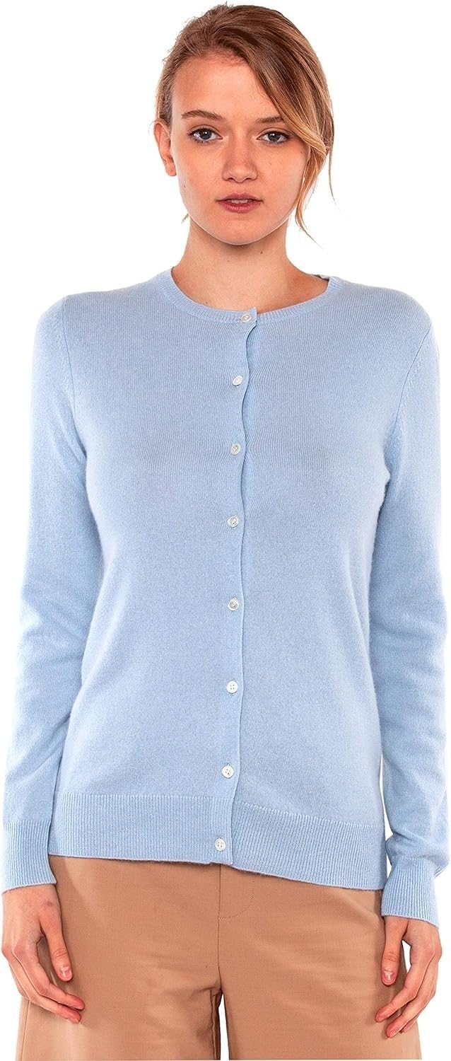Women's 100% Cashmere Button Front Long Sleeve Crewneck Cardigan Sweater customer photo 2