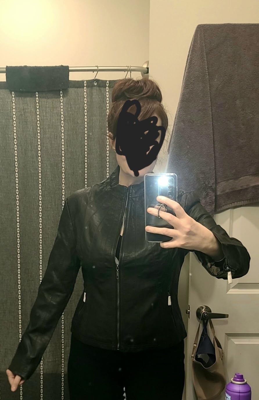 Slim Fit Stylish Vegan Leather Moto Jacket for Women - PU Biker Motorcycle Coat customer photo 2