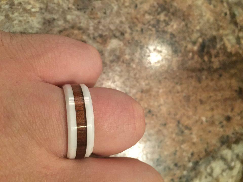 6,8mm Black/White Ceramic Wedding Ring with Real Koa Wood Inlay Flat Top Wedding Band Engagement Ring Comfort Fit Size 4-16 customer photo 1