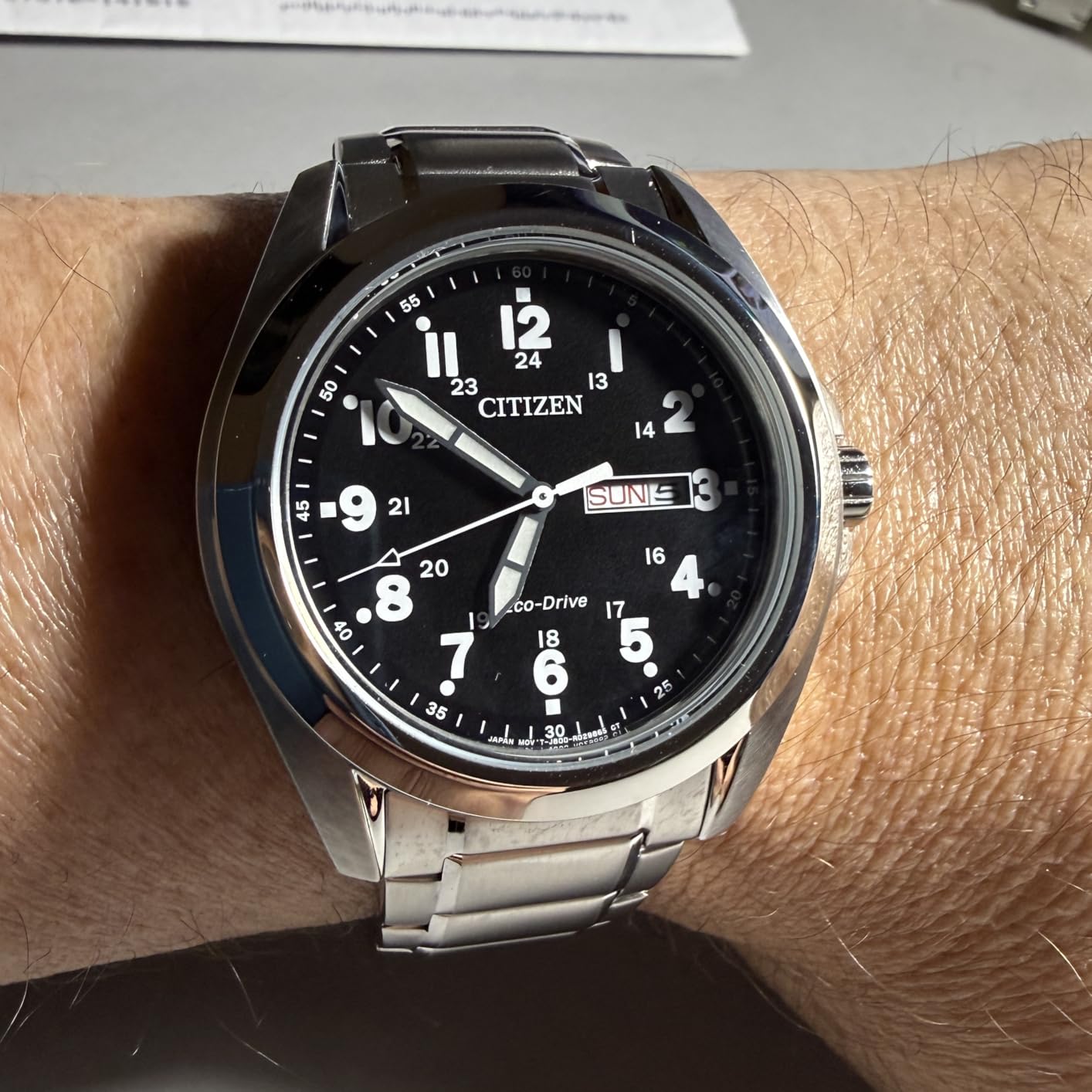 Men's Eco-Drive Weekender Garrison Field Watch in Stainless Steel, Black Dial, Arabic Markers, Luminous, 43mm (Model: AW0050-82E) customer photo 1