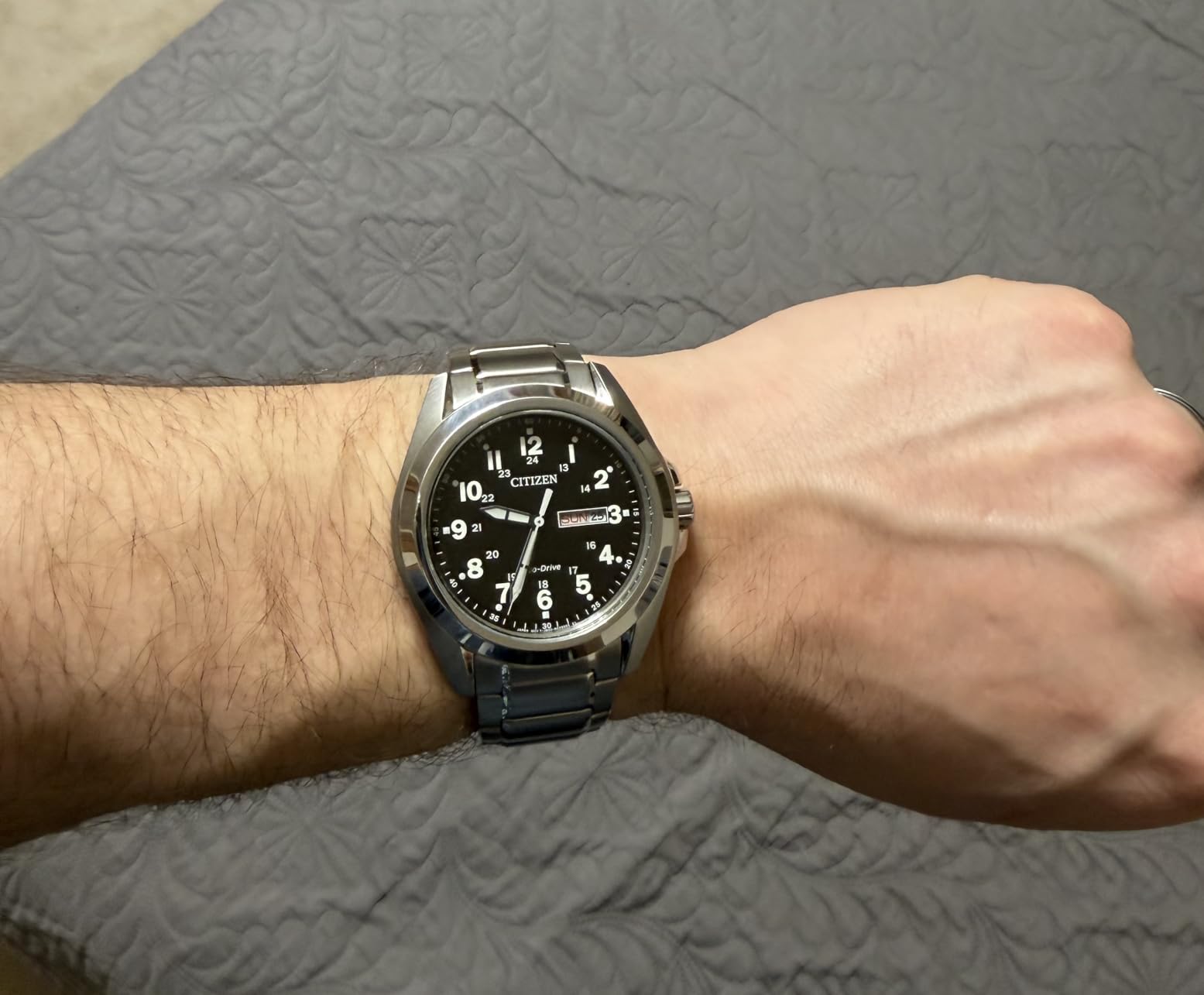Men's Eco-Drive Weekender Garrison Field Watch in Stainless Steel, Black Dial, Arabic Markers, Luminous, 43mm (Model: AW0050-82E) customer photo 2