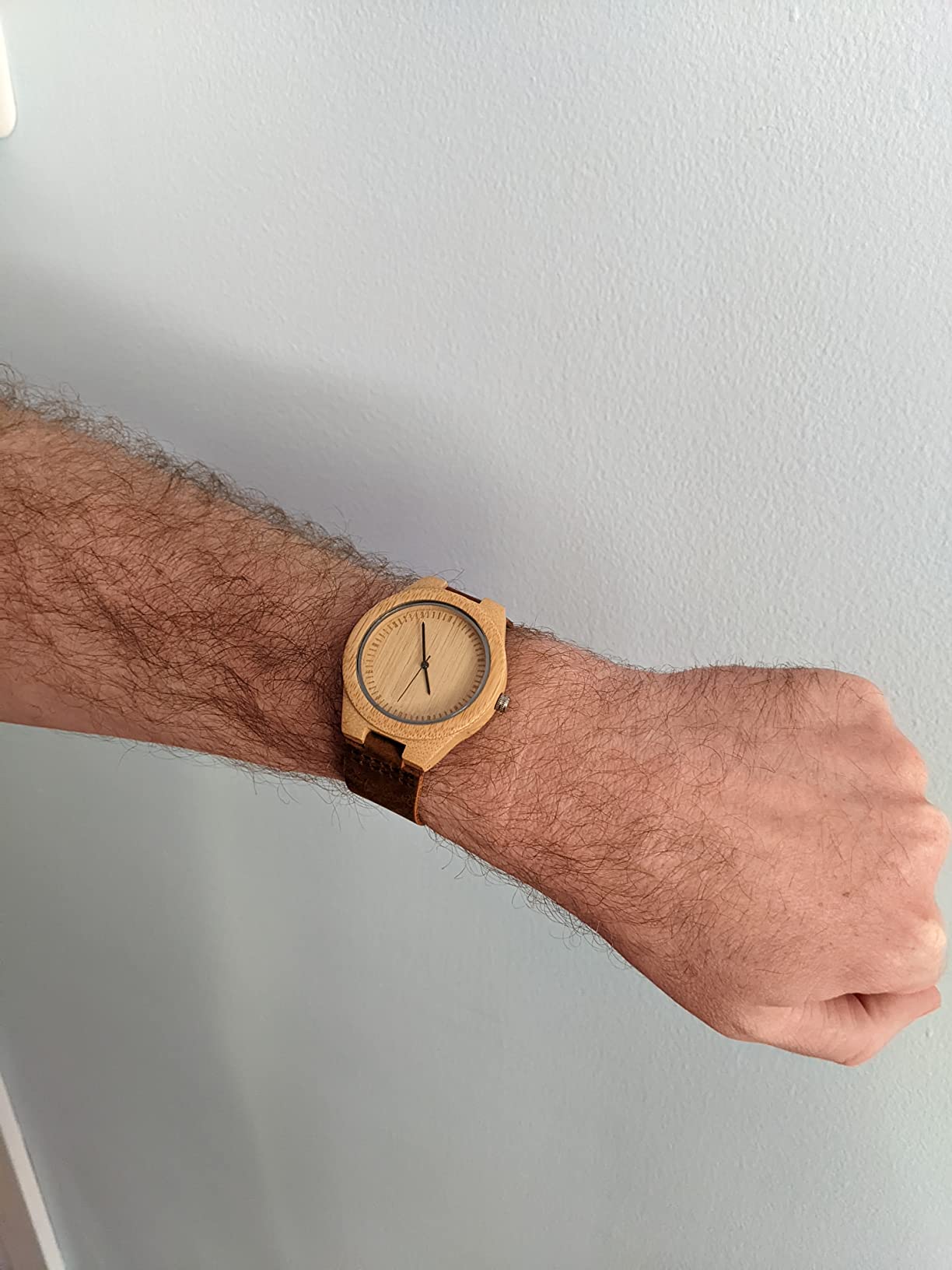 Mens Wooden Watches Brown Cowhide Leather Strap Casual Watch for Groomsmen Gift with Box customer photo 1