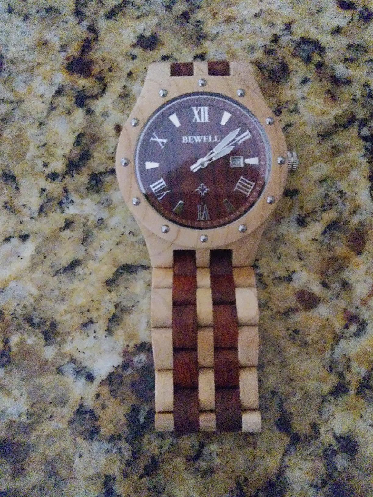 BEWELL Men's Wooden Watches Handmade Date Display Analog Quartz Luminous Wristwatch customer photo 2