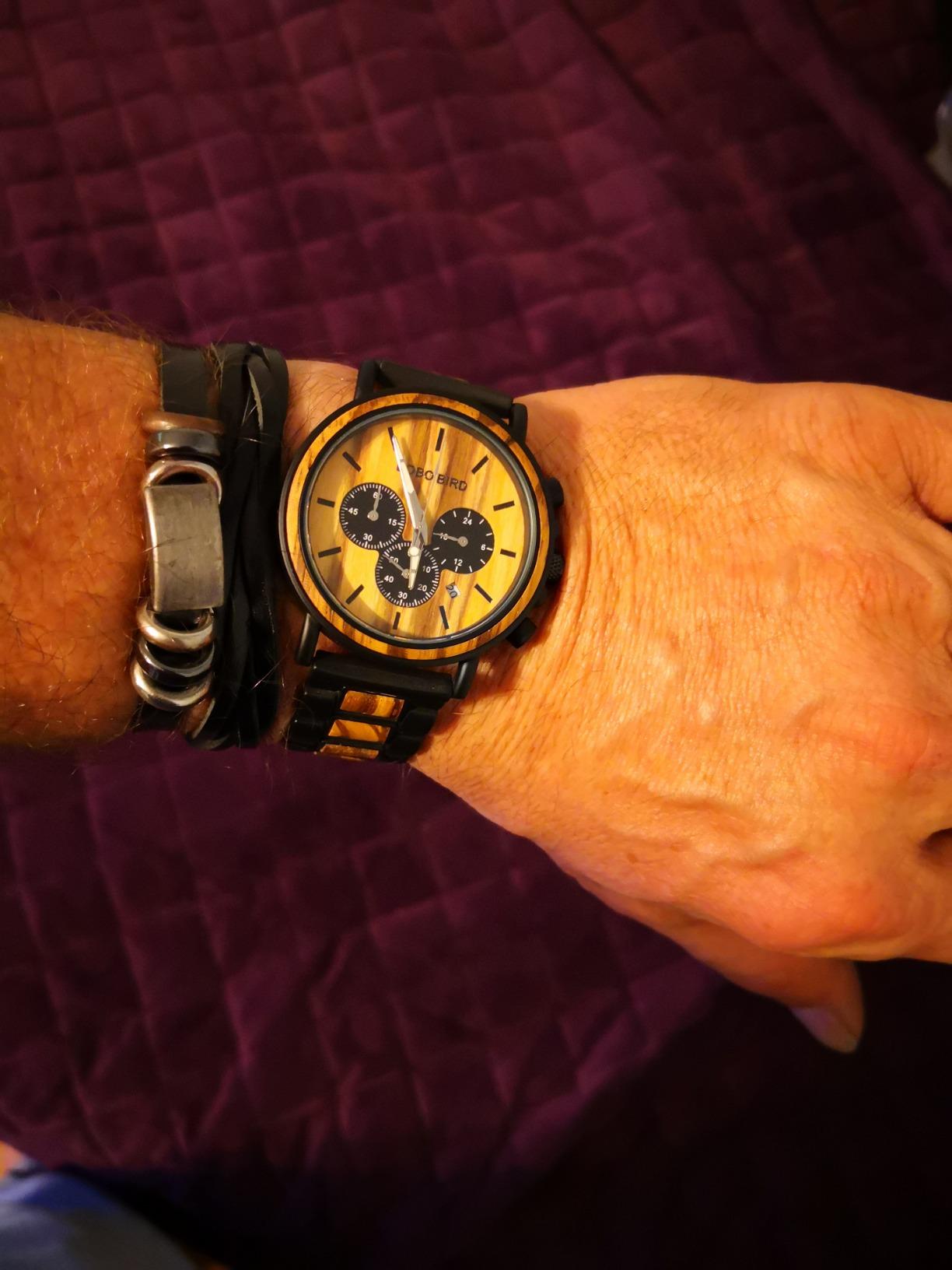 BOBO BIRD Wooden Mens Watches Wood & Stainless Steel Combined Chronograph Military Quartz Casual Wristwatches customer photo 2
