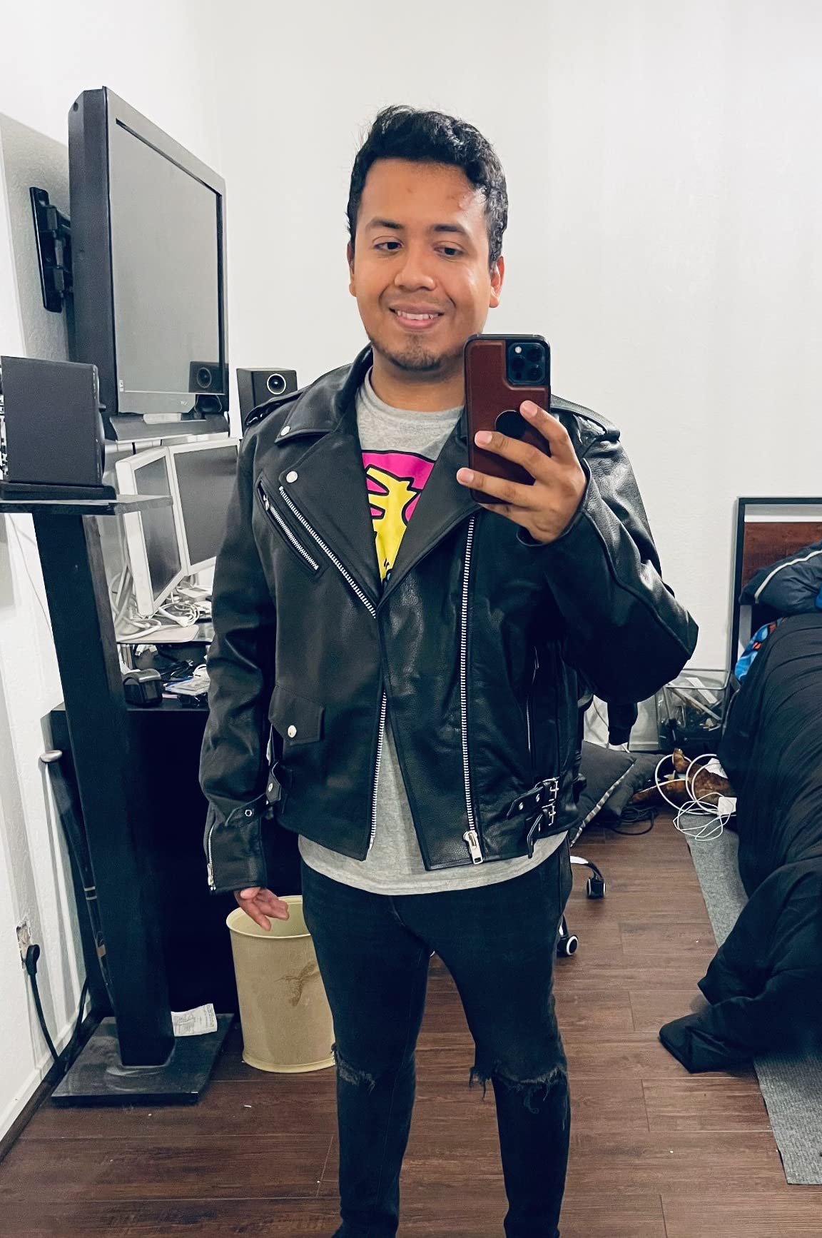Brando Leather Motorcycle Jacket for Men, Genuine Black Leather Jacket with Removable CE Armor for Motorbike Riding customer photo 2