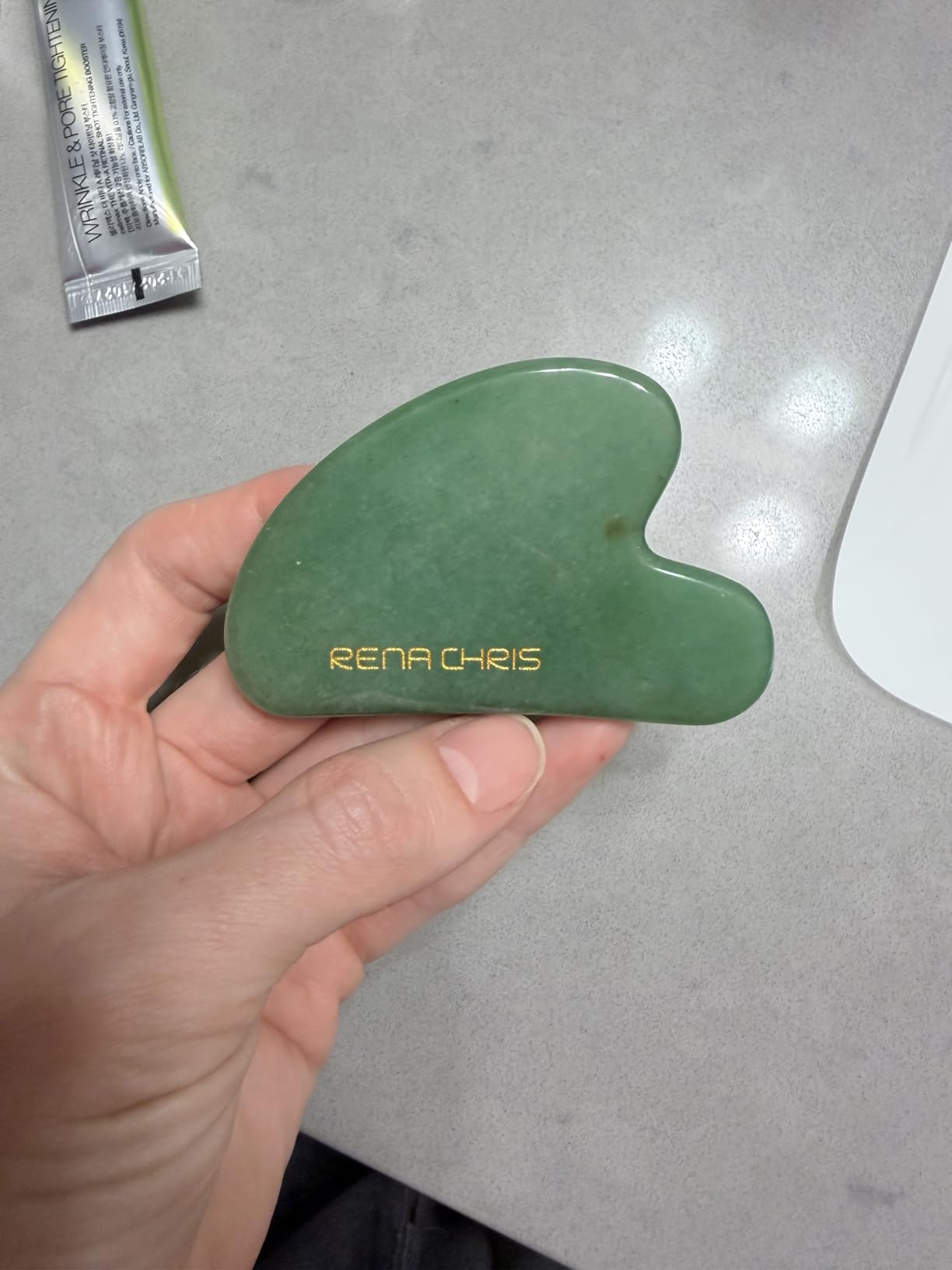 Rena Chris Gua Sha Facial Tools: Jade Stone Guasha Tool for Face Acupuncture Therapy, Facial Massager for Jawline Sculpting and Puffiness Reducing (Green) customer photo 2