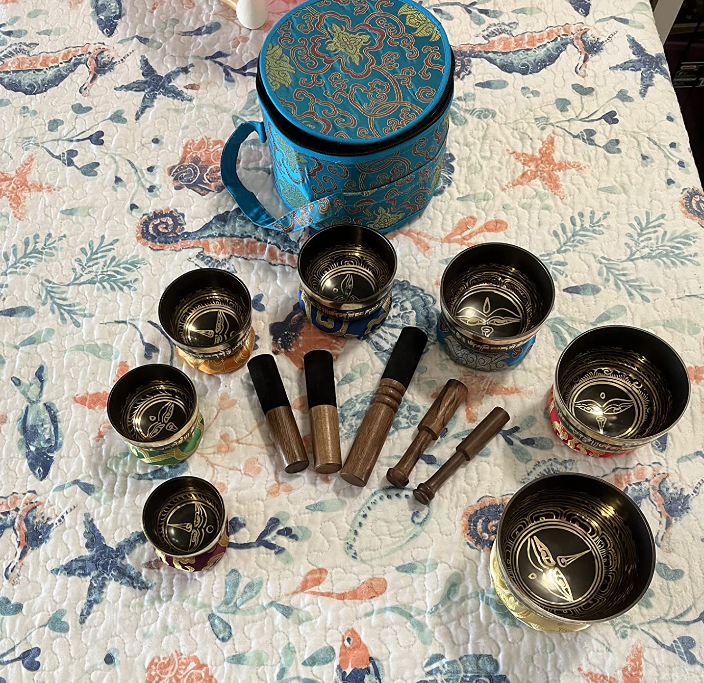KHUSI Tibetan Singing Bowl Set of 7, Thadobati, Handcrafted, Mantra Engraved Singing Bowl for Yoga, Chakra healing, Relaxation, Stress Relief, Comes w/silk cushions, 7 sticks, Brocade Box customer photo 1
