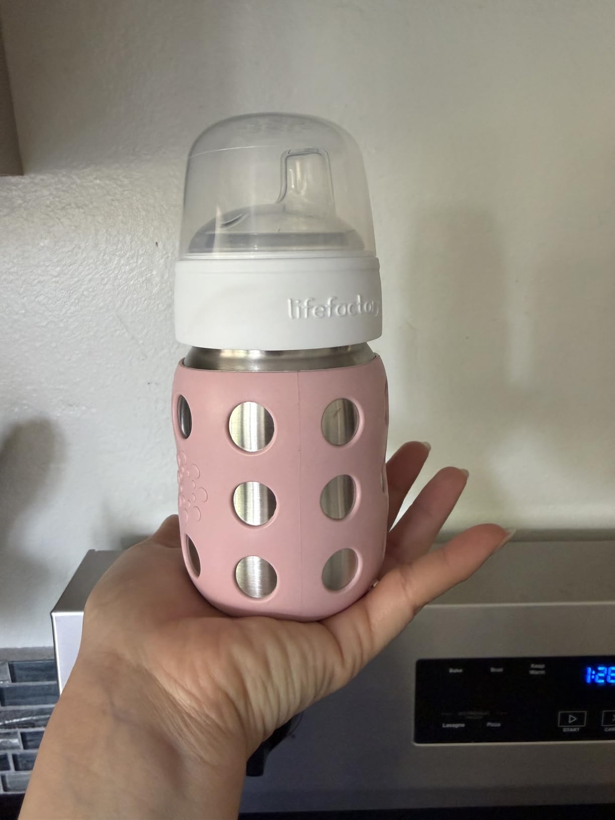 Lifefactory 8-Ounce Stainless-Steel Vacuum-Insulated Wide-Neck Baby Bottle with Sippy Nipple, Stone Gray customer photo 1