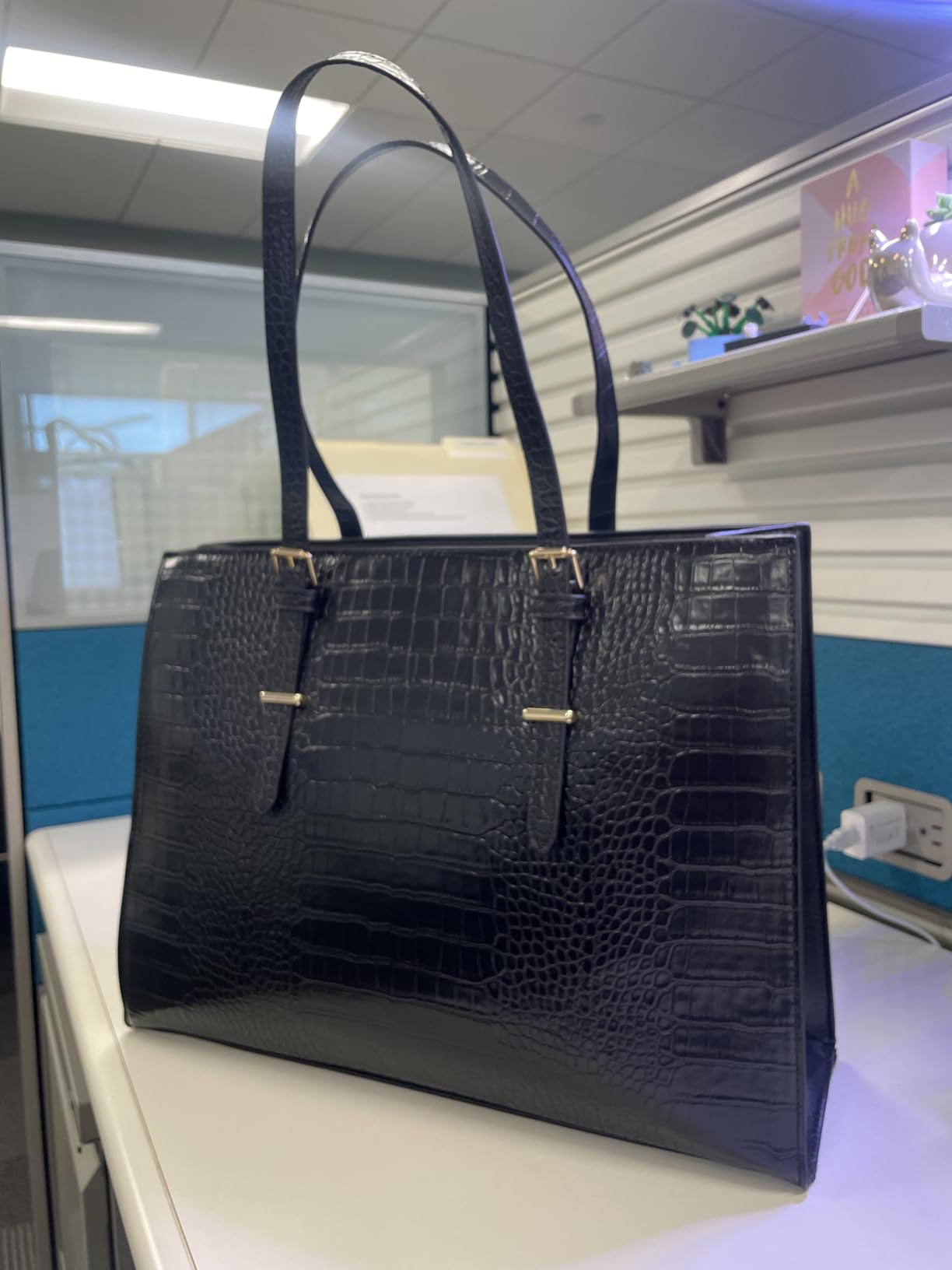 Laptop Bag for Women 15.6 Inch Crocodile Leather Tote Bag Water-resistant Work Briefcase Business Computer Shoulder Bag for Travel Teacher Nurse Professional Handbag,Black customer photo 1