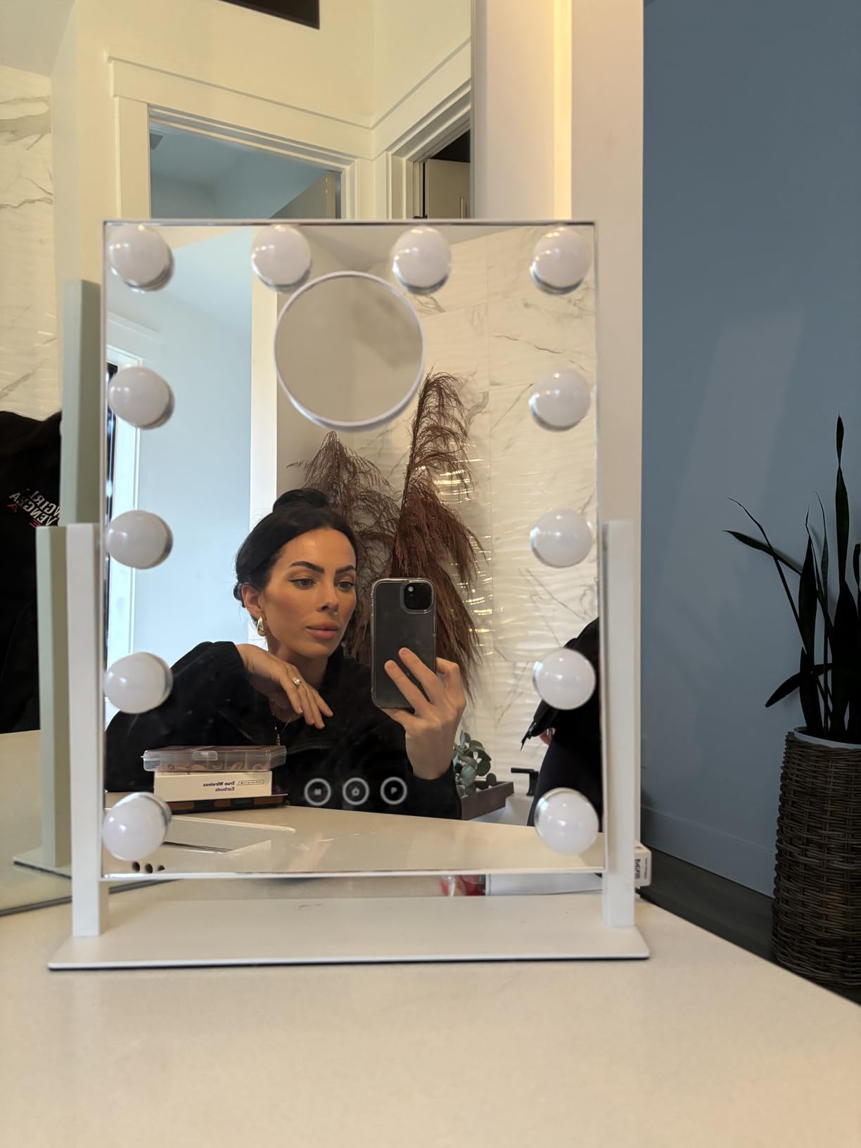 Kotdning Vanity Mirror with Lights, Lighted Vanity Mirror with 9 Dimmable Bulbs, 3 Color Lighting Modes, Detachable 10x Magnification 360 Degree Rotation, 12