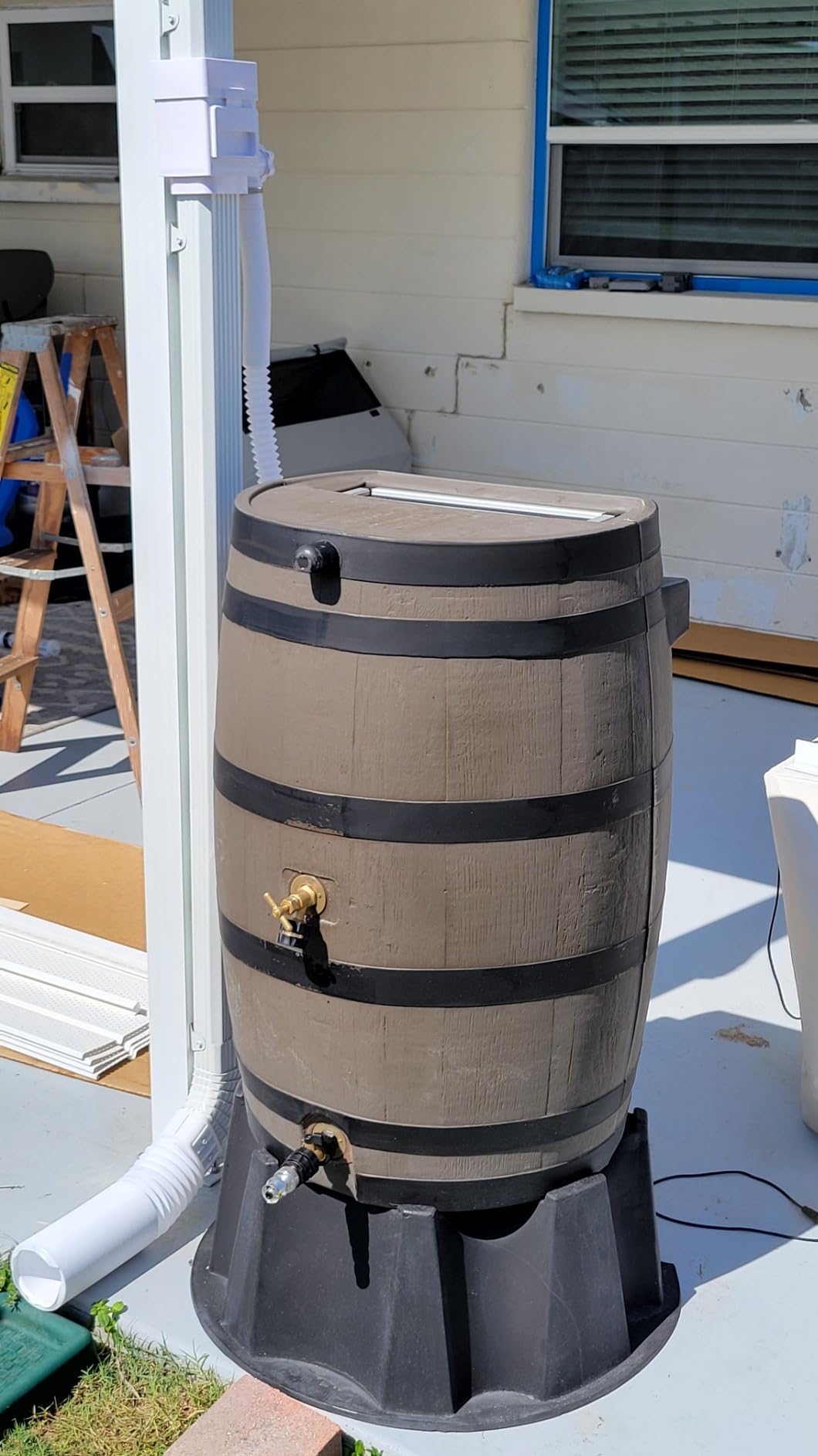 RTS Home Accents 50-Gallon Dual Spigot Rain Barrel, Flat Back Rain Water Collection Barrel, Stand Included, Woodgrain with Black Stripes customer photo 1