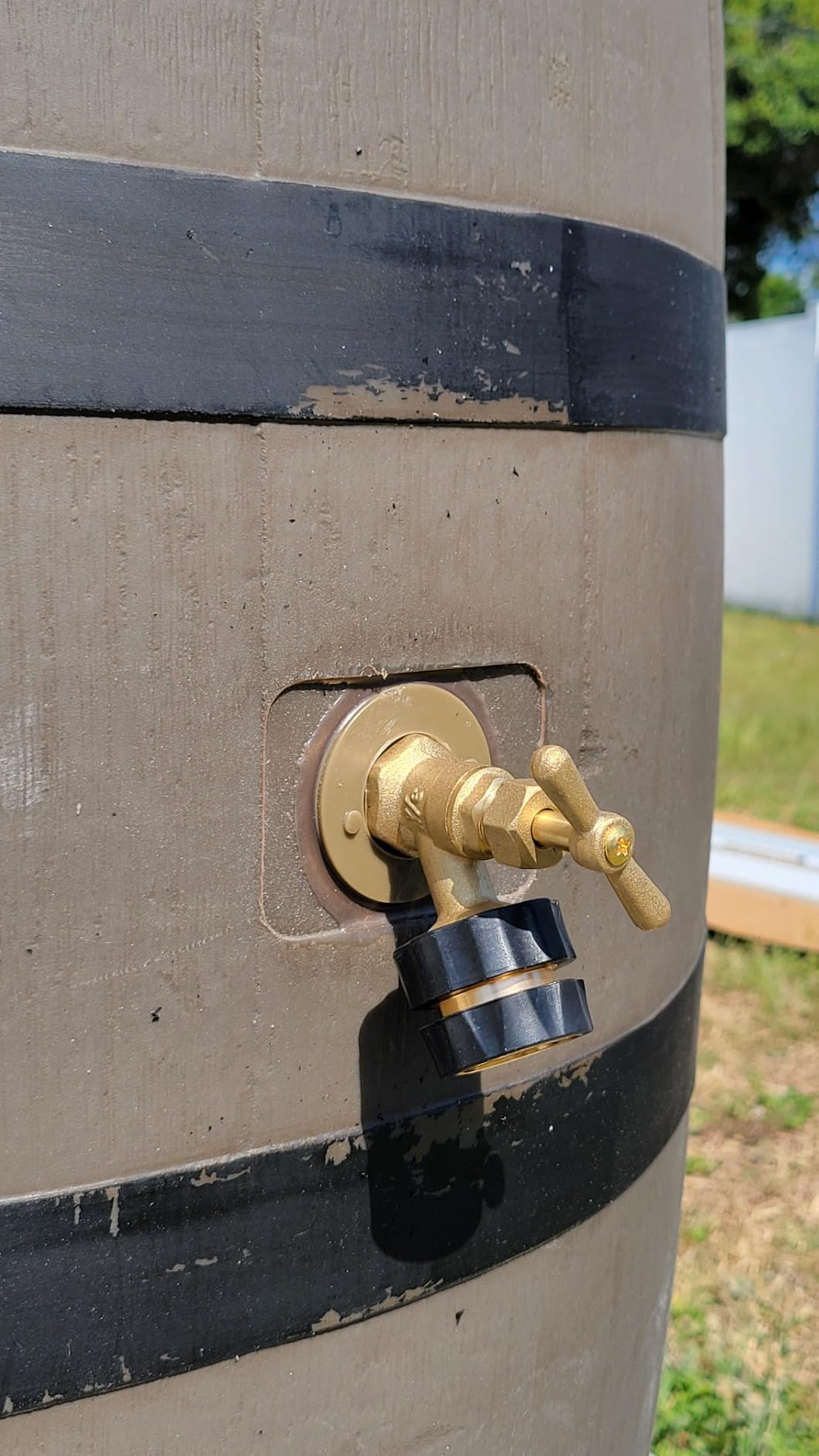 RTS Home Accents 50-Gallon Dual Spigot Rain Barrel, Flat Back Rain Water Collection Barrel, Stand Included, Woodgrain with Black Stripes customer photo 2