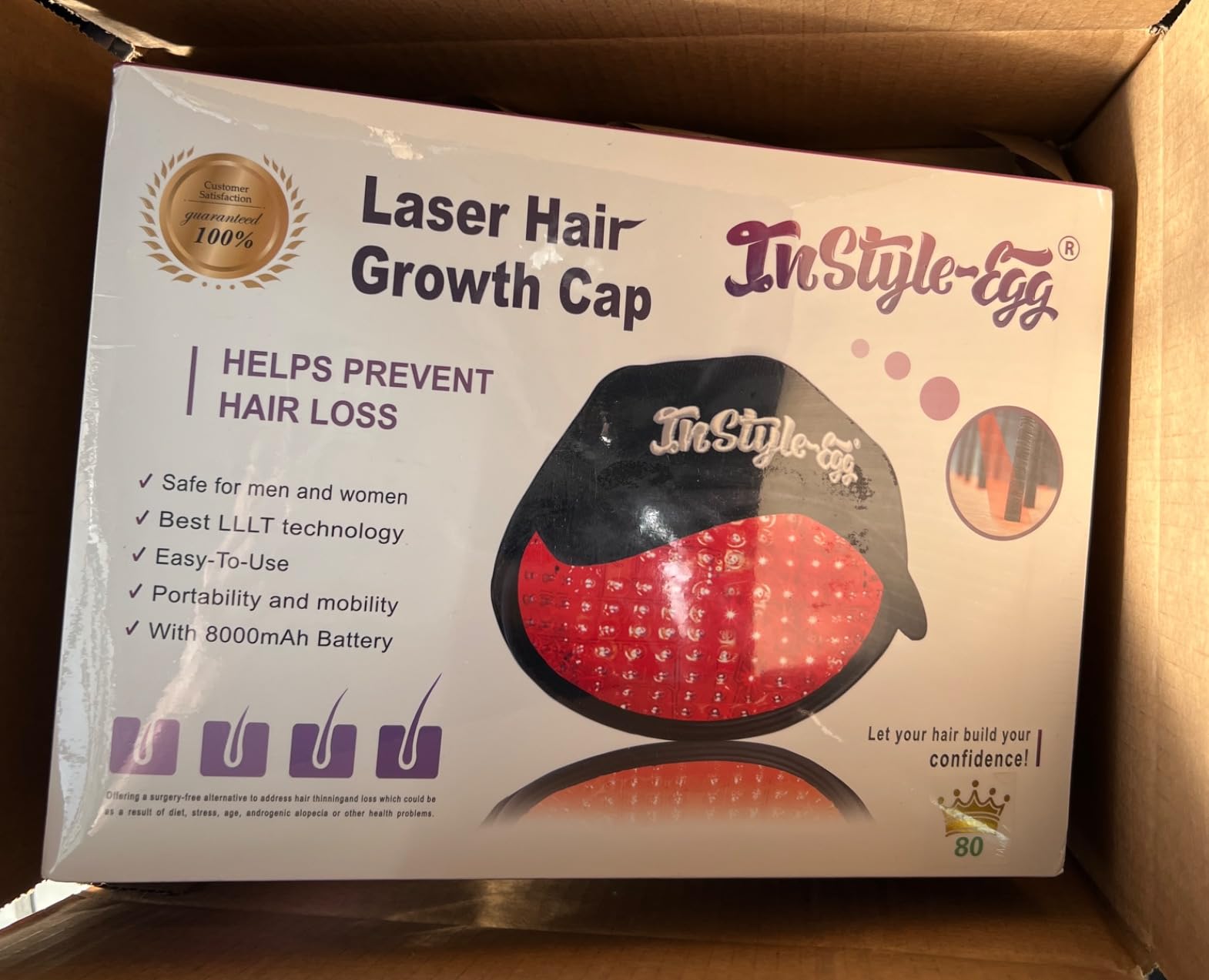 Instyle Egg Pro 80 Hair Growth Cap for Men & Women - Laser Hair Regrowth Device 80 Pro Lasers, 650nm Light Therapy, Hands-Free, Portable Cap for Thinning Hair, Full Scalp Coverage customer photo 2