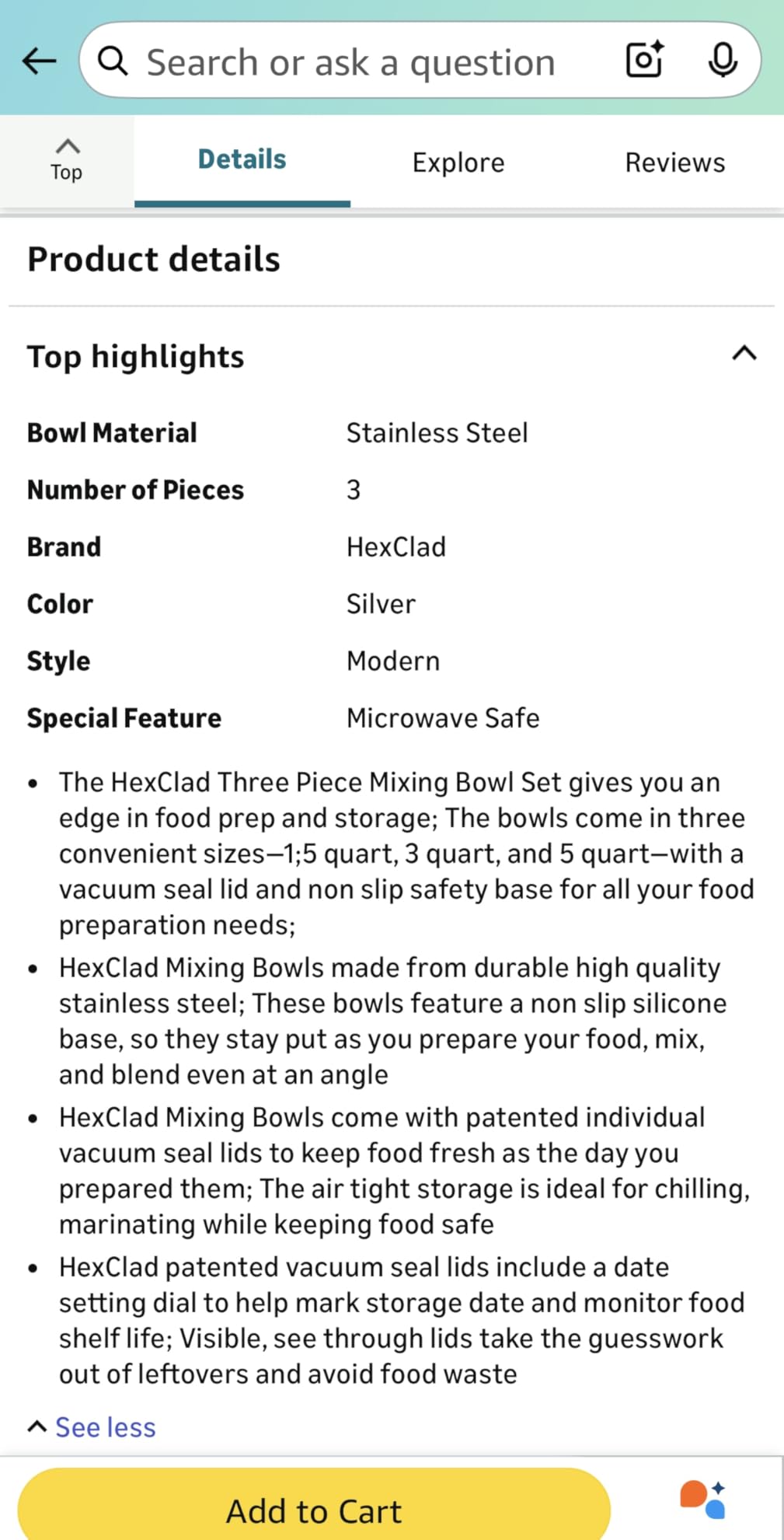 HexClad Stainless Steel Mixing Bowl Set, 3-Piece with Vacuum Seal Lids and Non-Slip Base, 1.3, 3 and 5 Quarts customer photo 1