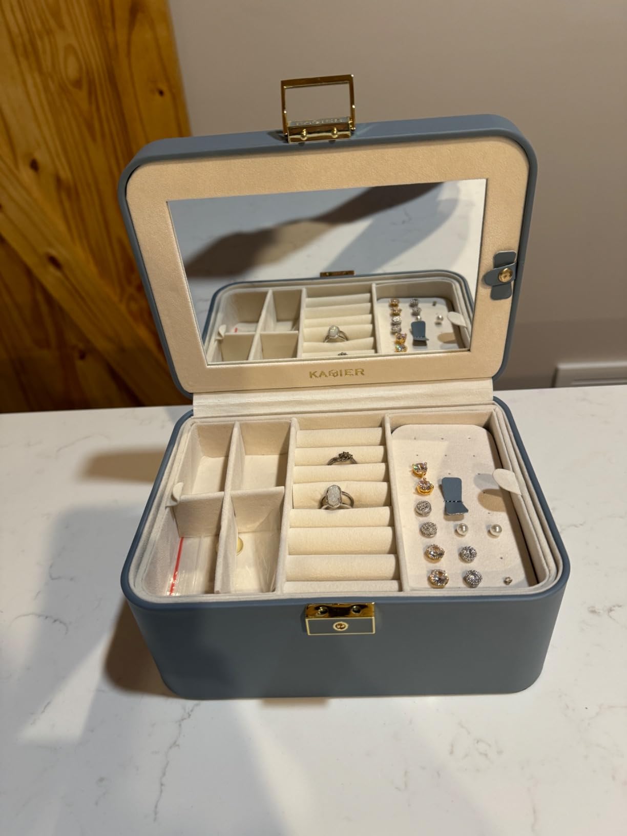 KAMIER Jewelry Organizer Box, 2 Layers PU Leather, Large Capacity, Double Lock and Large Mirror, Hidden Necklace Hooks, Removable Dividers, Gift Box Packaging, Bluish Grey customer photo 1