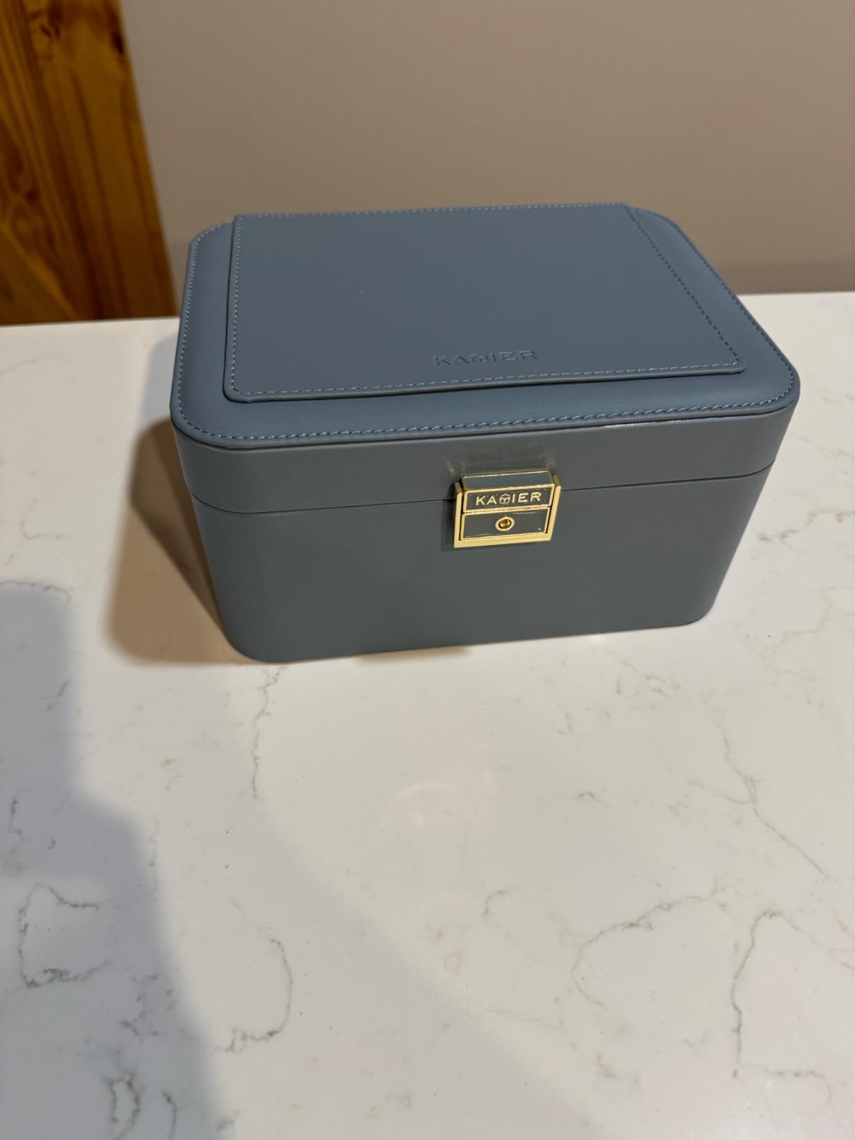 KAMIER Jewelry Organizer Box, 2 Layers PU Leather, Large Capacity, Double Lock and Large Mirror, Hidden Necklace Hooks, Removable Dividers, Gift Box Packaging, Bluish Grey customer photo 2