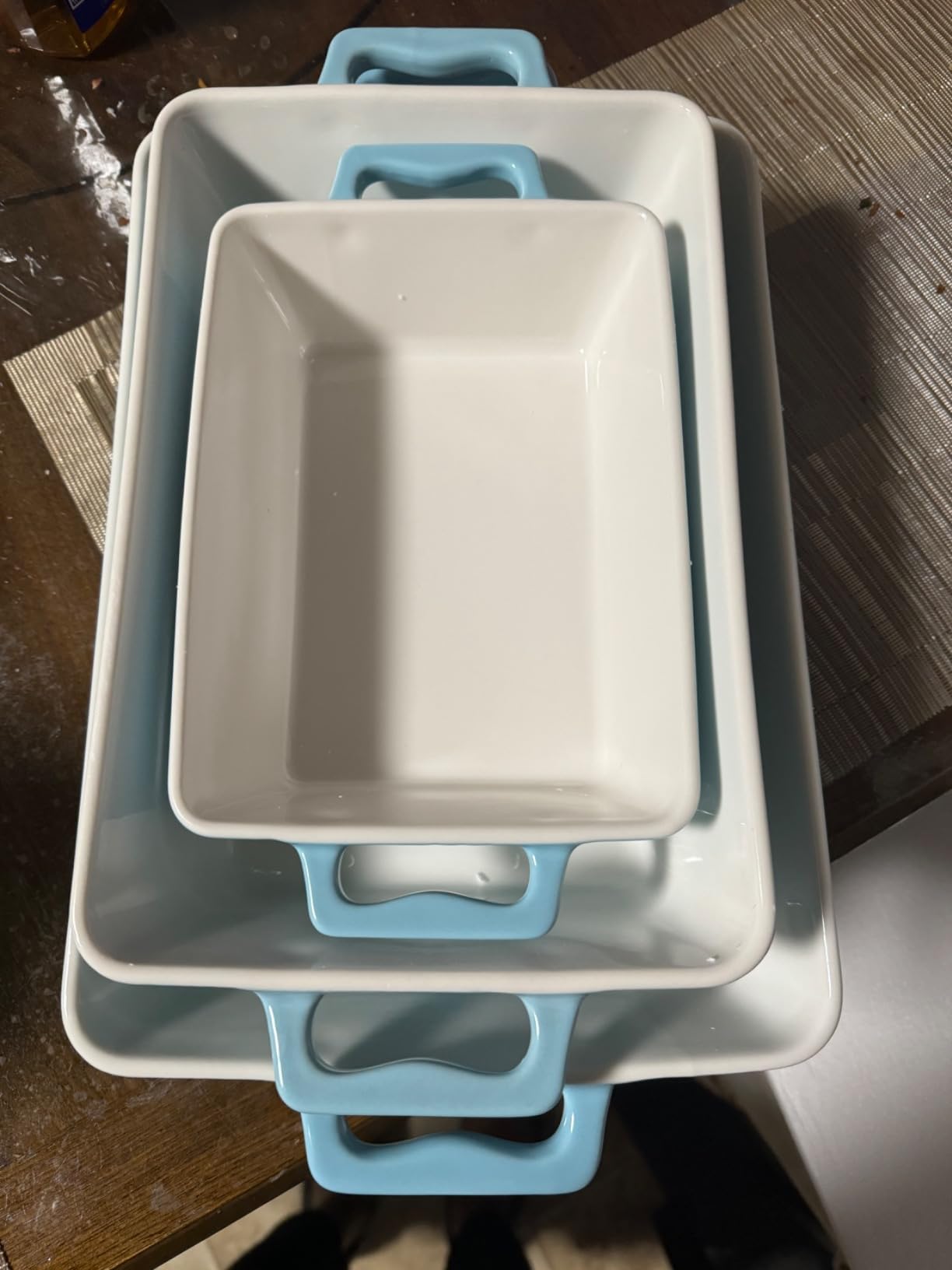 Hacaroa Set of 3 Ceramic Baking Dishes, Rectangular Bakeware with Handles, Elegant Casserole Dish Set Lasagna Pan for Baking, Cooking, Cake Dinner, Banquet, Lake Blue, 3 Sizes customer photo 1