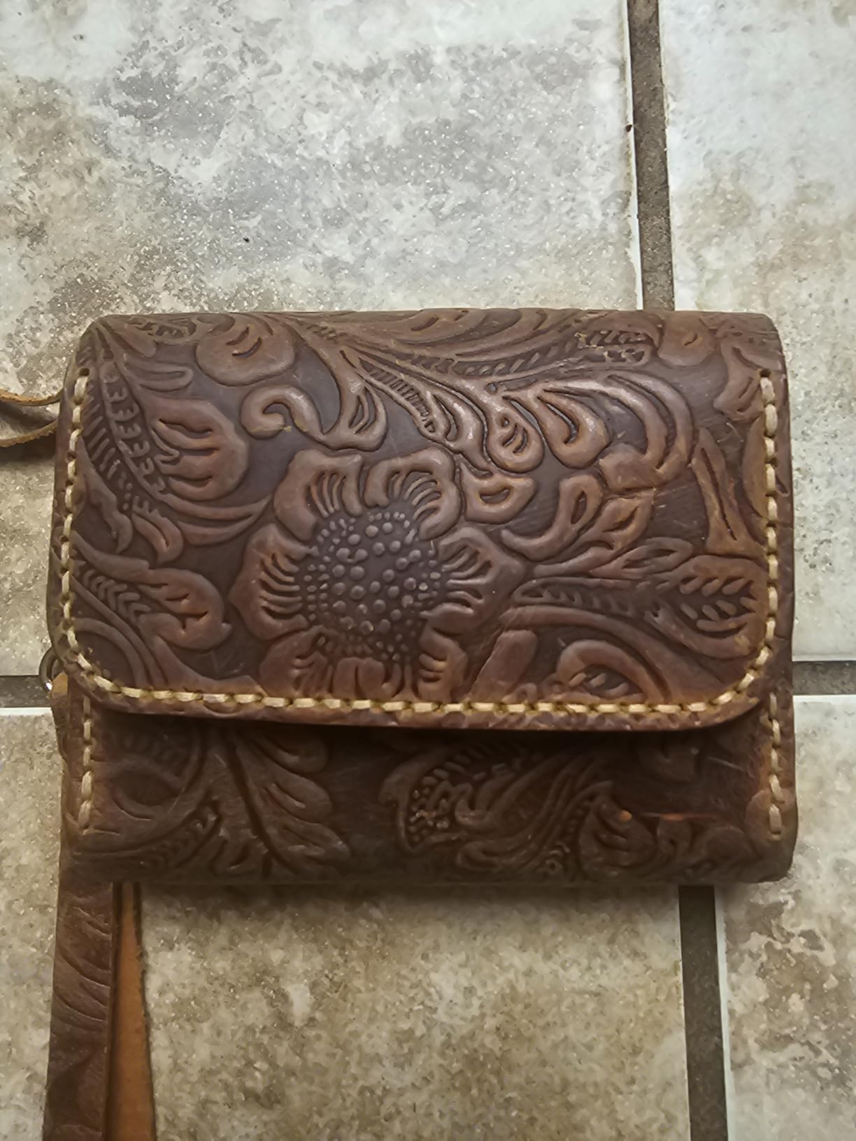 Handmade Wristlet Wallets for Women, Western Floral Leather Small Credit Card Holder with Zipper, Minimalist & Cute Coin Pouch, Genuine Leather, Dark Brown customer photo 1