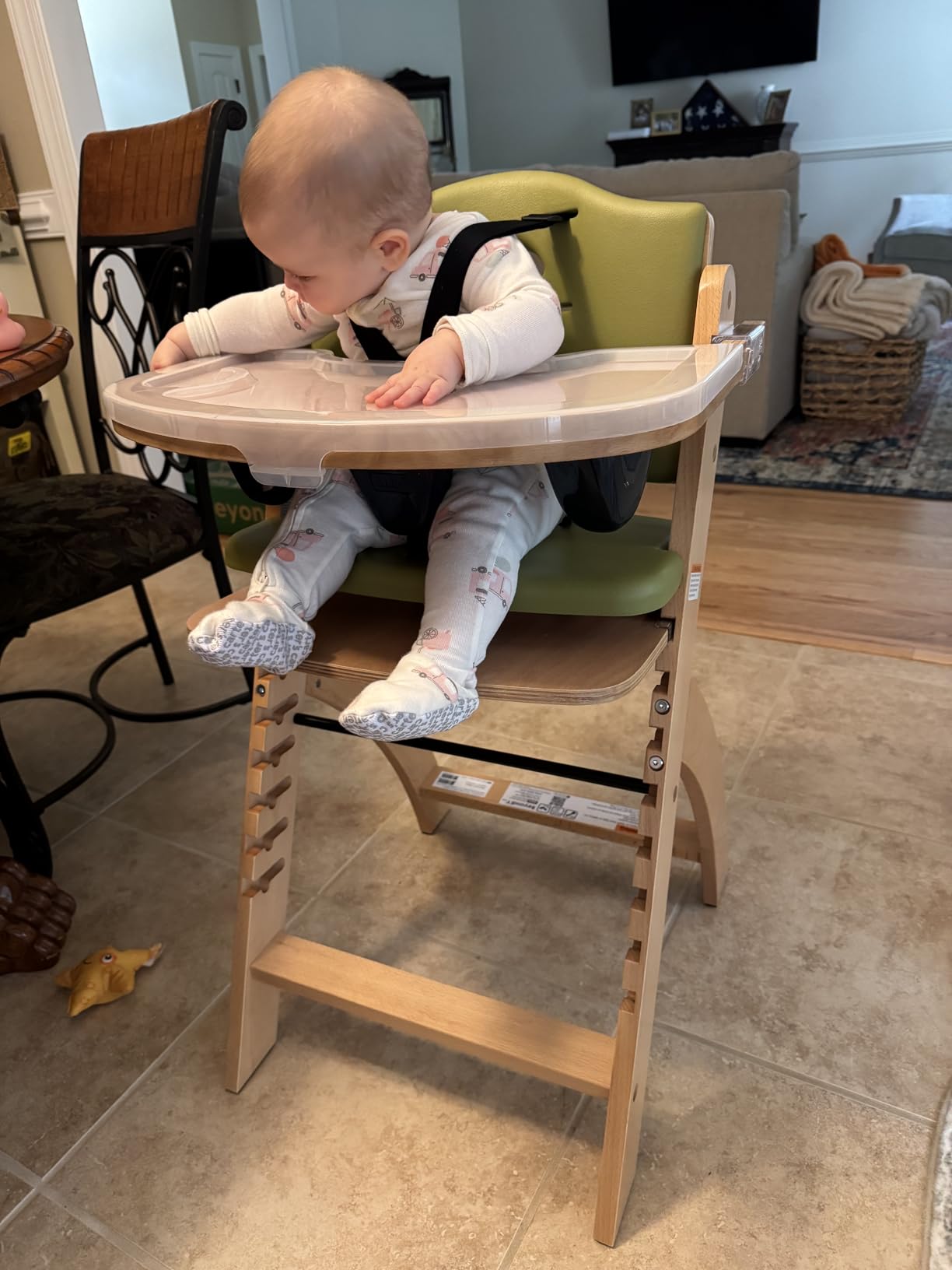 Abiie Beyond Junior Wooden High Chair for Babies and Toddlers - Convertible 3-in-1 Baby Highchair with Removable Tray - 6 Months to 250 Lb - Water Resistant - Natural Wood/Dove Grey Cushion customer photo 1