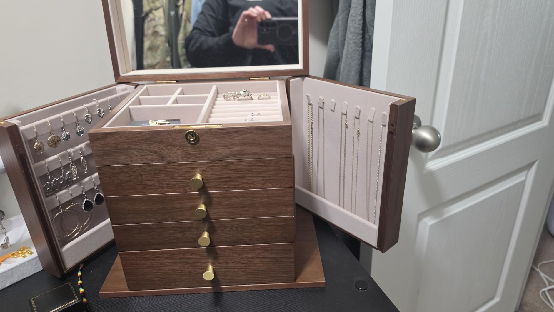 Homruilink Black Walnut Wooden Jewelry Box Wood Jewelry Organizer with 2 Side Doors Mirror Lockable Classical Style for Watch Necklace Ring Earring Storage, Ideal Gift-5 Layer customer photo 1