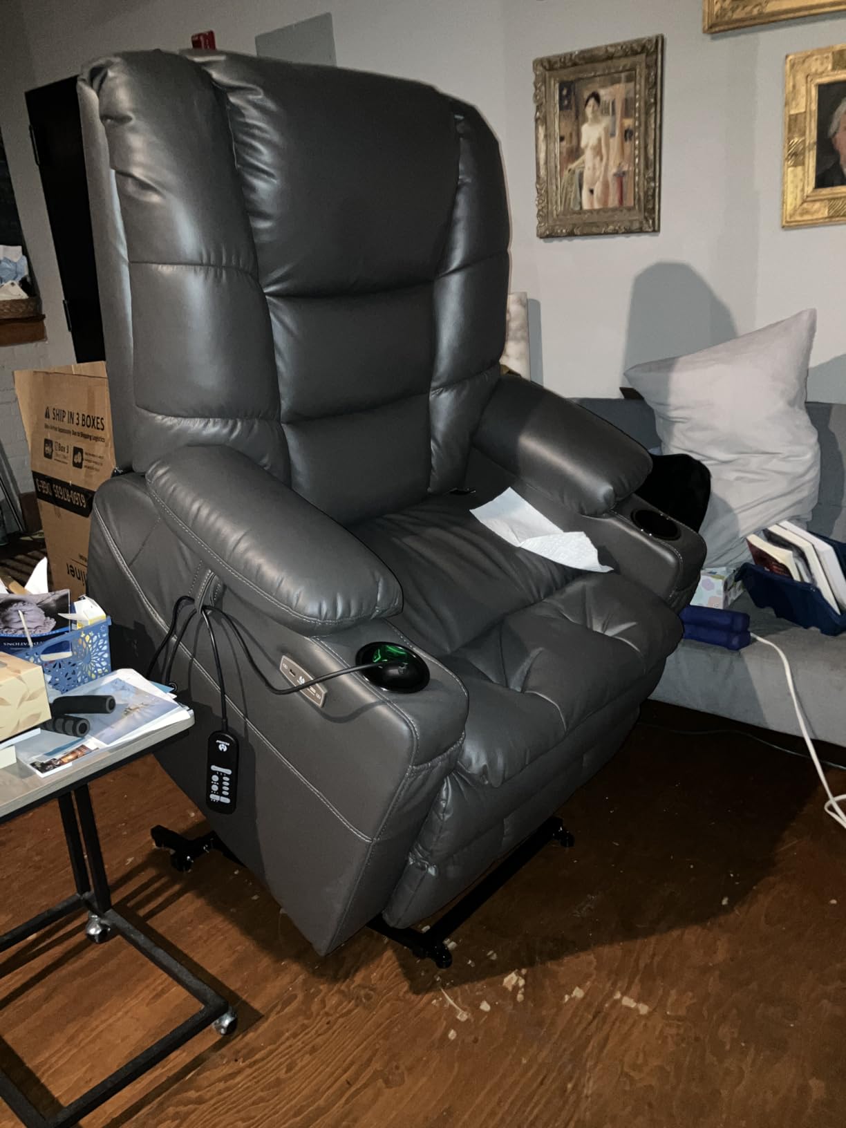 MCombo Triple Motor Lay Flat Power Lift Recliner Chair for Tall Elderly, Infinite Position, Massage, Dual Heating, Adjustable Headrest, Faux Leather 7634 - Dark Brown Large customer photo 2