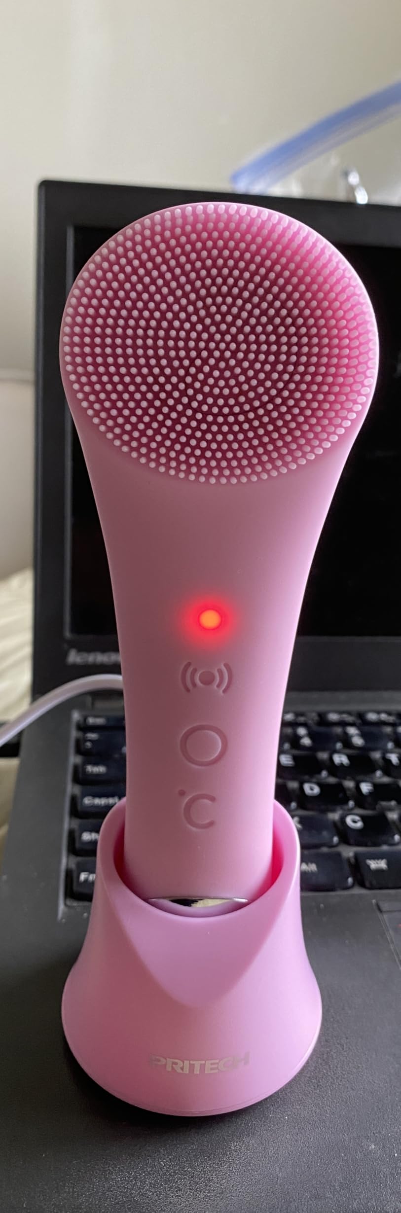 PRITECH Facial Cleansing Brush, Rechargeable Silicone Face Scrubber with Heat Massage End, Vibrating Exfoliator Scrubber for Deep Cleaning, Waterproof Face Brush for Women and Men (Pink) customer photo 1