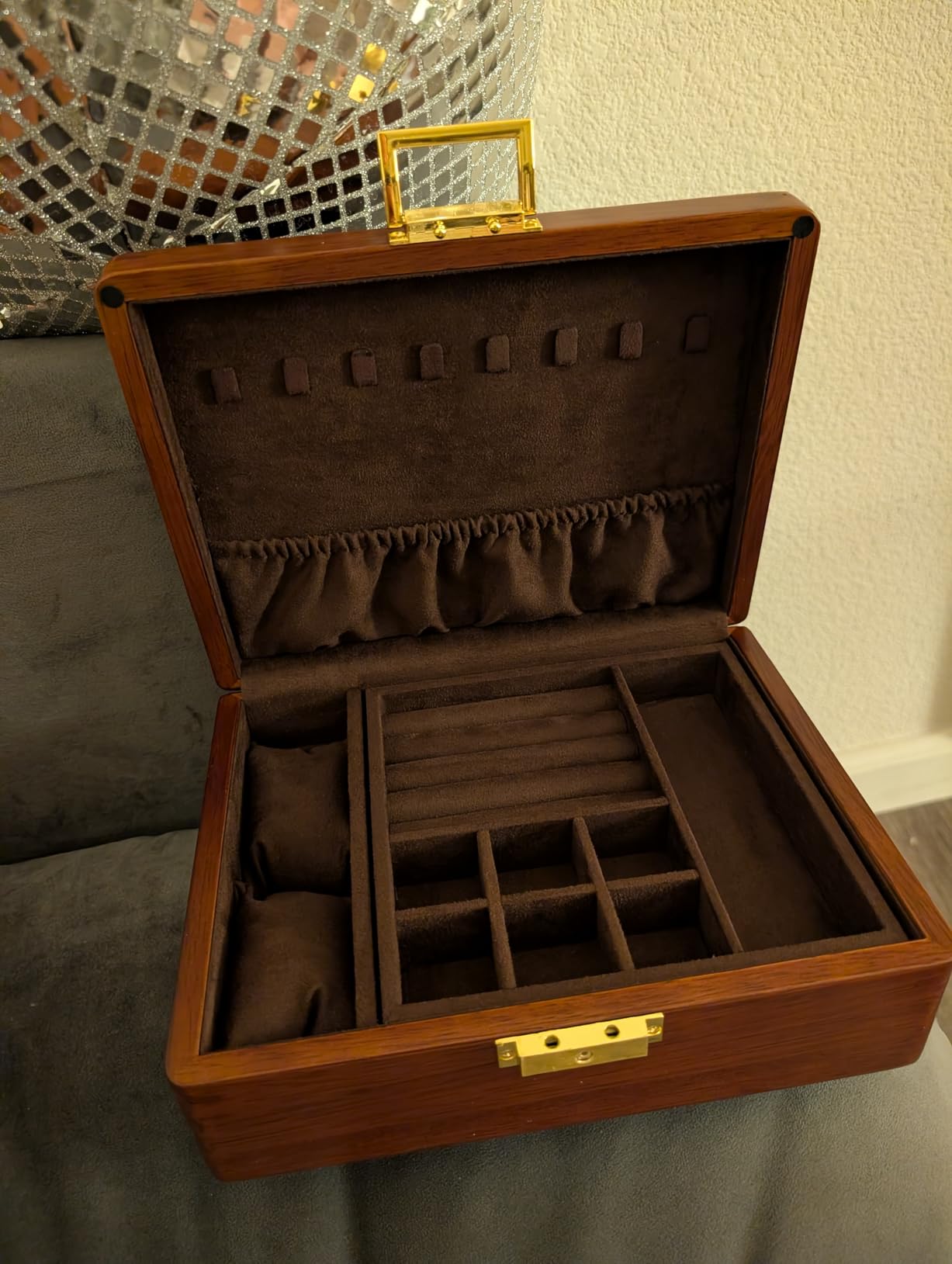 Solid Walnut Wood Jewelry Box with Lock,2 Layer Velvet Lined for Earrings Rings Necklaces Bracelets Watches,Both Style and Security, for Men Women,Vintage Brown customer photo 2