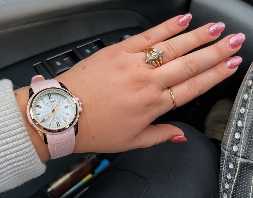 Women's Eco-Drive Weekender Sport Casual, Rose Gold-Tone Stainless Steel Watch, Pink Silicone Strap, White Dial (Model: FE6138-05B) customer photo 1