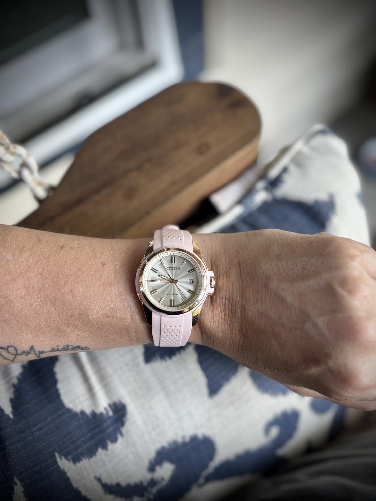 Women's Eco-Drive Weekender Sport Casual, Rose Gold-Tone Stainless Steel Watch, Pink Silicone Strap, White Dial (Model: FE6138-05B) customer photo 2