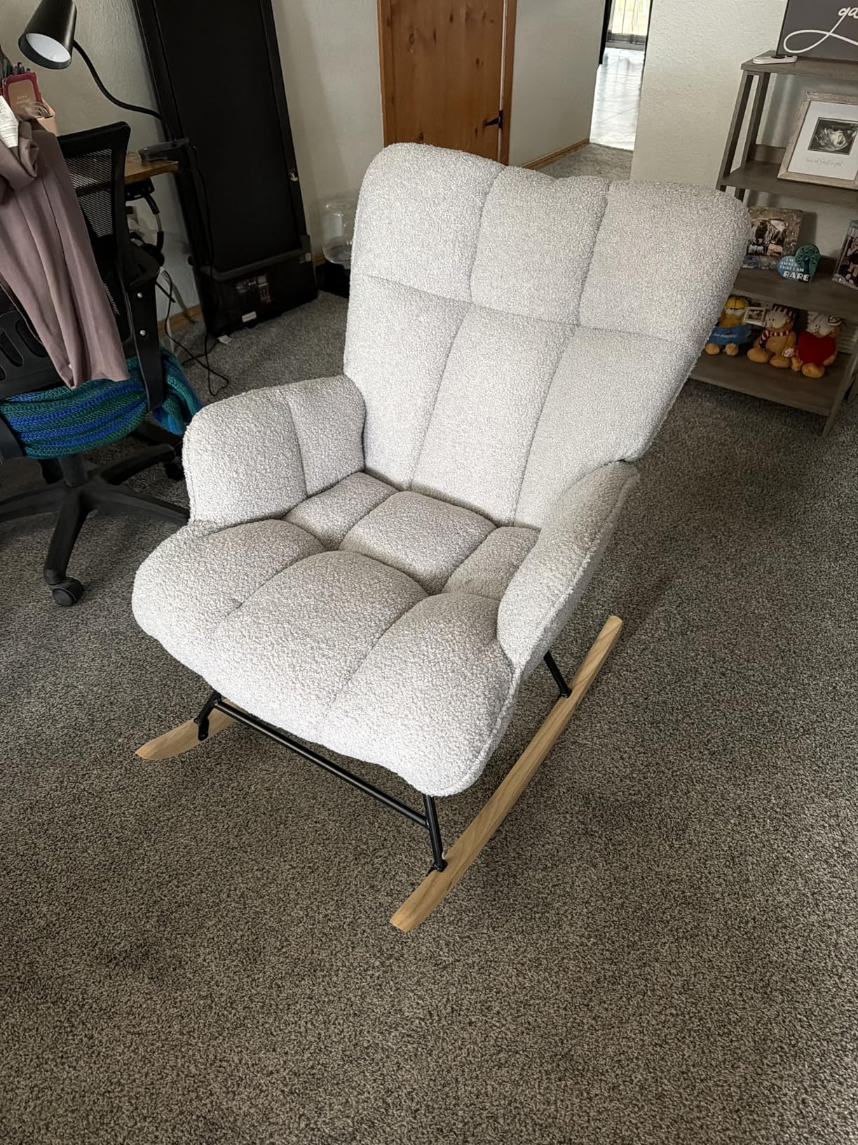 SAETSFEG Rocking Chair Nursery Teddy Upholstered Glider Rocker Rocking Accent Chair Padded Seat with High Backrest Armchair Comfy Side Chair for Living Room Bedroom Offices (Grey Teddy) customer photo 1