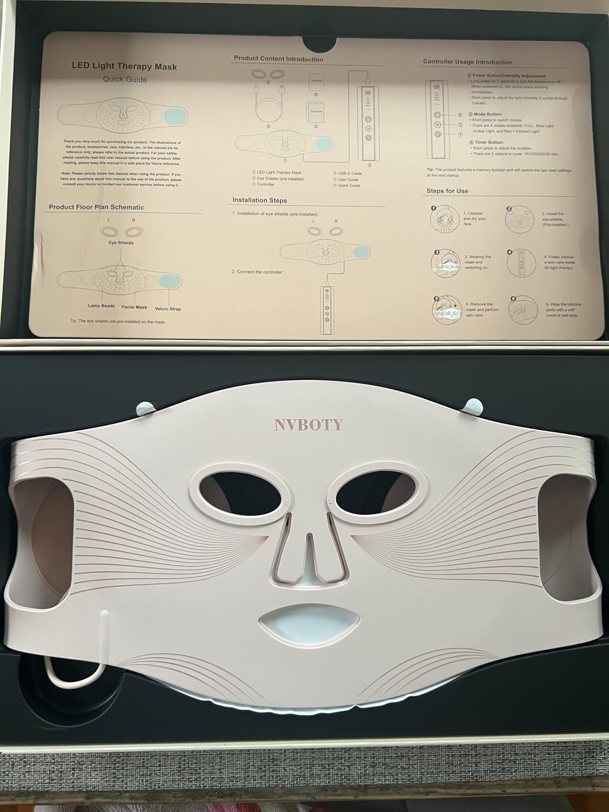 NVBOTY LED Face Mask Light Therapy, 4 Modes Portable Red Light Therapy for Face, 2000mAh Rechargeable Remote, Blue, Orange, 850NM Infrared & Red Light Mask, 400 LEDs, Timing Function, at Home & Travel customer photo 1