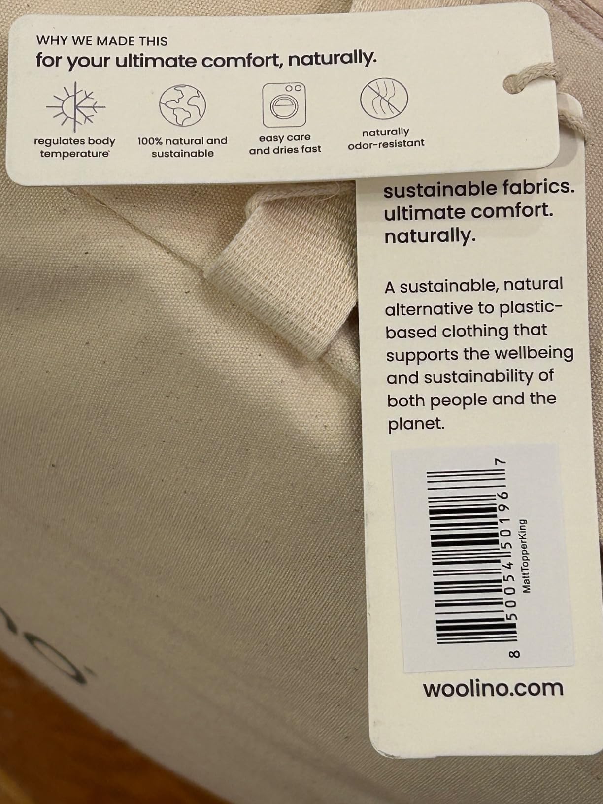 Woolino Wool Mattress Topper, Oeko-TEX Standard 100, Merino Wool Fill, Organic Cotton Sateen, Natural Temperature Regulating, Cooling, Pressure Relief, 1.2 in, Queen Size 60 x 80 in customer photo 2