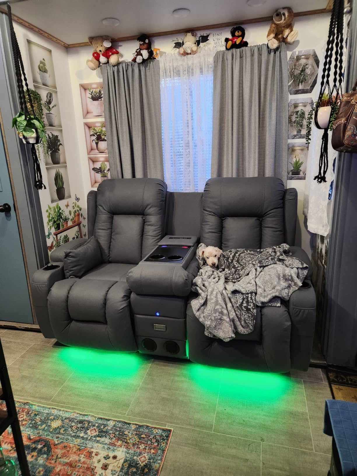 TUNYI Power Loveseat Recliner Sofa with Massage & Heat Home Theater Seating with Console RV Recliner Loveseat Sofa with USB/Storage/Side Pocket/LED Light/Speaker (Black, 3 Seat with Console) customer photo 2