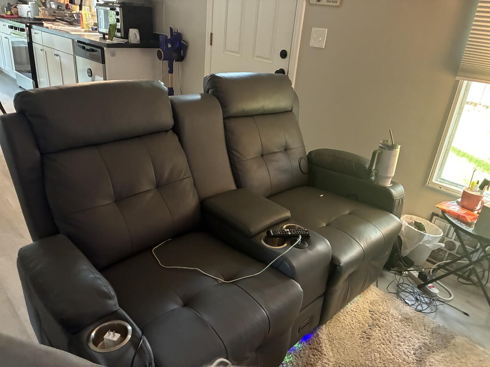 3-Seater Loveseat Recliner Sofa, Home Theater Seating Reclining Couch with Flip Middle Backrest, RV Wall Hugger Sleeper Sofa with Massage, Dawer & Cup Holders, 150° Recline for RV & Living Room customer photo 2