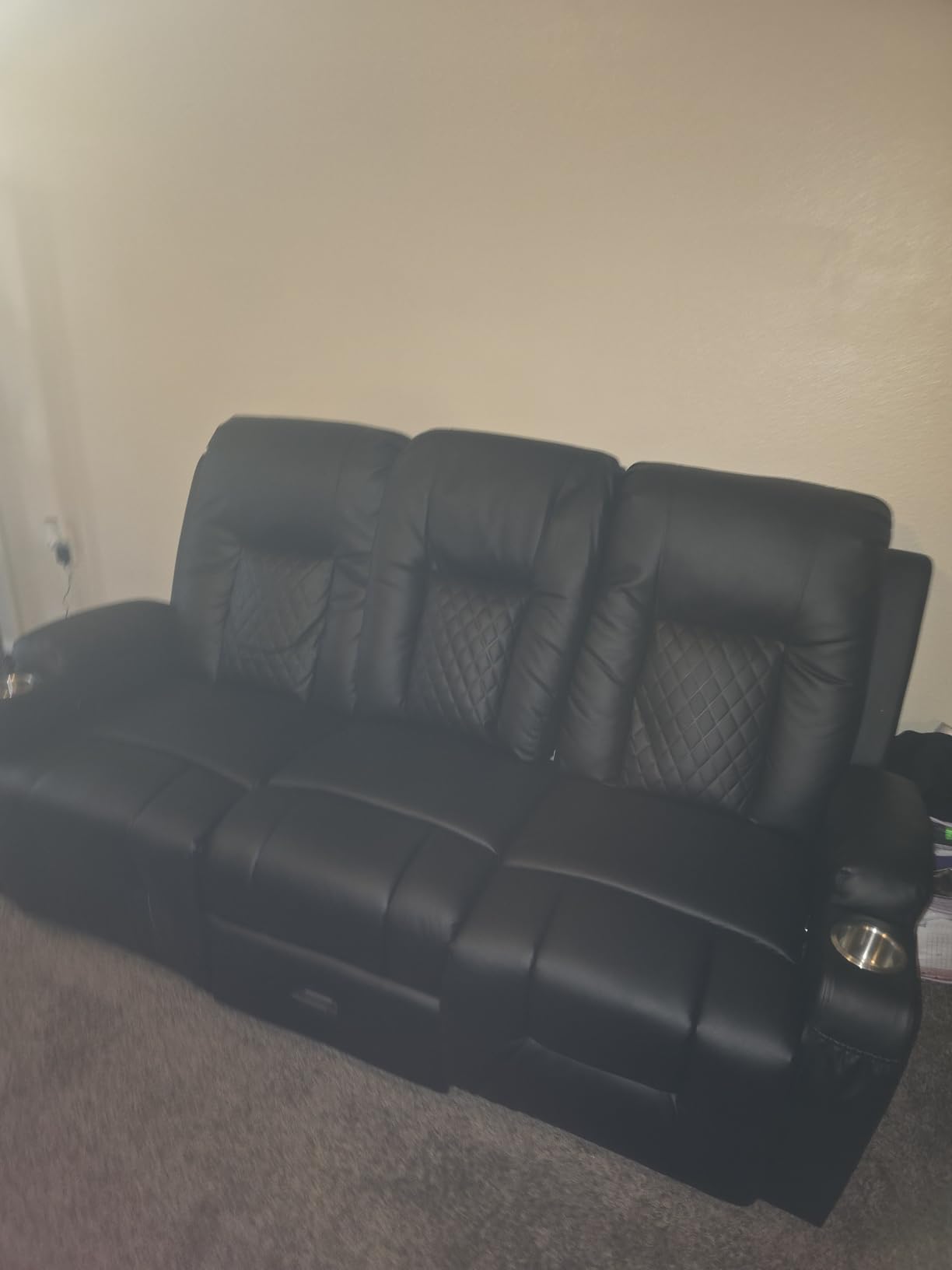 FURNIMAT Loveseat Recliner Sofa, 3 Seater Dual Reclining Sofa with Flip Back Console, Modern PU Leather Loveseat Couch for Living Room/RV, with Storage, USB Ports, Cup Holder, Cell Phone Holder, Black customer photo 2