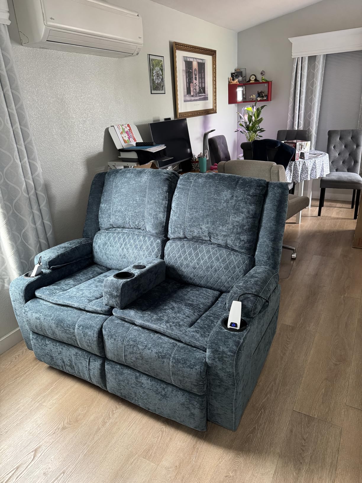 Recliner Sofa 3 Seater Sofa with Recliner, Home Theater Seating with Liftable Console & Removable Armrest, Manual Velvet Fabric Reclining Couch with Cup Holders & USB Ports for Living Room/RV (Grey) customer photo 2