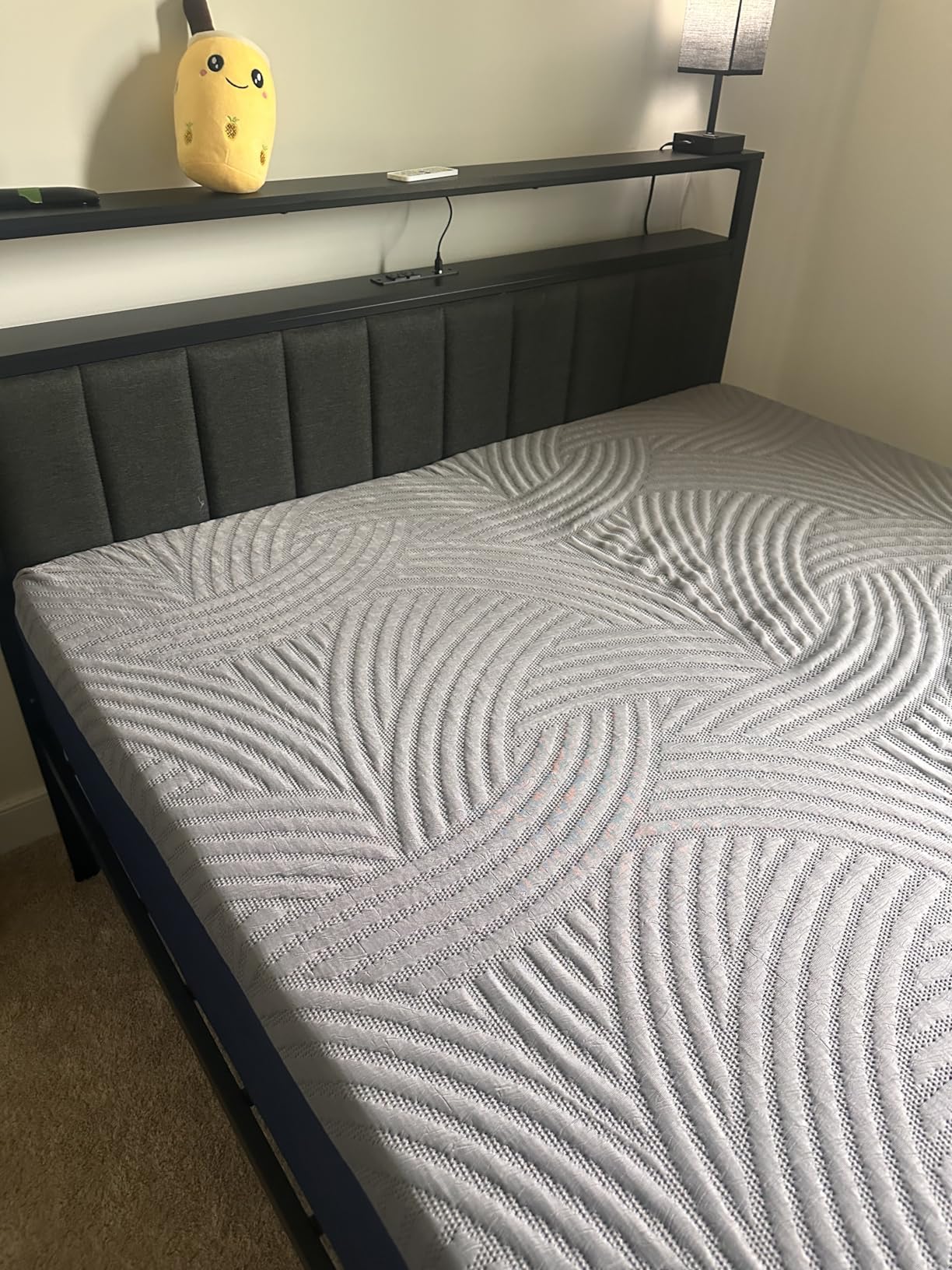 Furnulem Queen Bed Frame with Charging Station and LED Lights, Grey Upholstered Headboard with Shelves, Metal Platform Bed with 2 Under-Bed Storage (Fabric Drawer on Wheels), No Box Spring Needed customer photo 1