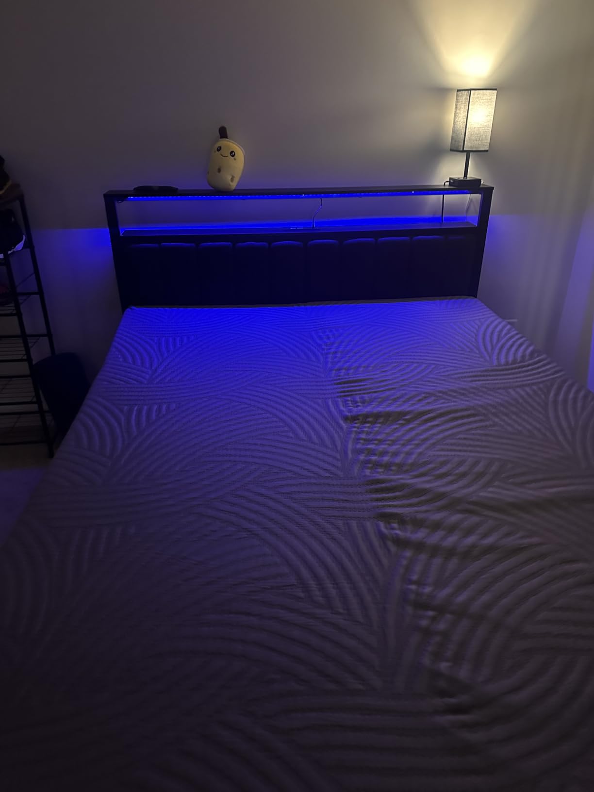 Furnulem Queen Bed Frame with Charging Station and LED Lights, Grey Upholstered Headboard with Shelves, Metal Platform Bed with 2 Under-Bed Storage (Fabric Drawer on Wheels), No Box Spring Needed customer photo 2