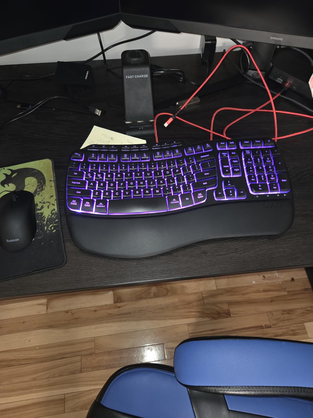 SABLUTE Ergonomic Wireless Keyboard and Mouse Combo, Rechargeable 4000mAh Backlit Keyboard with Soft Faux Lambskin Palm Rest, Wave Keys for Natural Typing customer photo 2