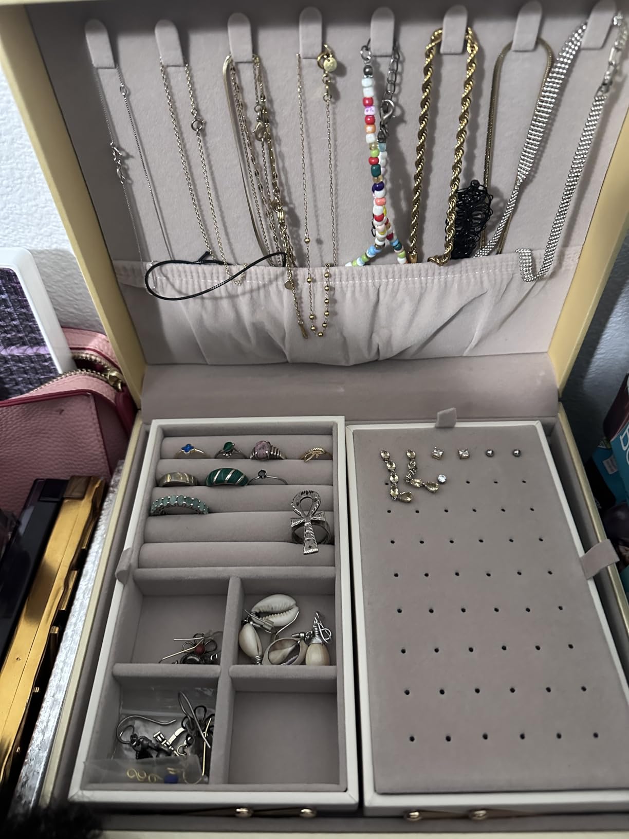 Lolalet Jewelry Box Organizer for Women Girls, 2 Layer Jewelry Organizers and Storage for Necklace Earrings Rings Bracelets, Large Jewellery Holder Case Birthday Gifts -Cream customer photo 1