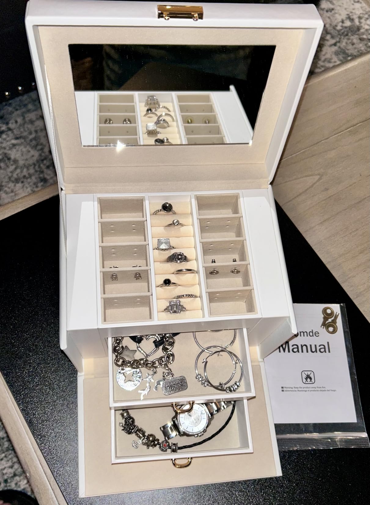 Homde Mothers Day Gifts Girls Jewelry Box with Lock: 3 Layer Organizer with Mirror - Necklace Ring Earring Storage for Dresser - Women Gifts for Birthday & Return (White) customer photo 2