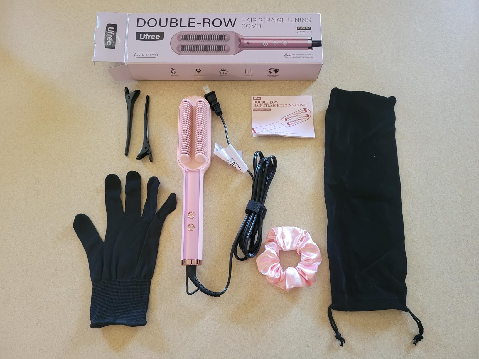 Ufree Hair Straightener Brush, Double Row Negative Ion Hot Comb for Women, 9 Temps Fast Heating 430°F LED Display, Anti Frizz, Works on Natural Curly Thick Hair, Dual Voltage Travel Ready customer photo 1