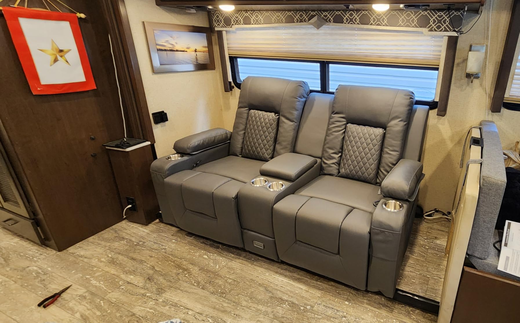 Recliner Sofa, Home Theater Seating with Center Console, 4 Seat Reclining Couch with USB Ports & Phone Holders, Wall Hugger RV Sofa Furniture Loveseat Recliner Couch with Storage & Pocket customer photo 2