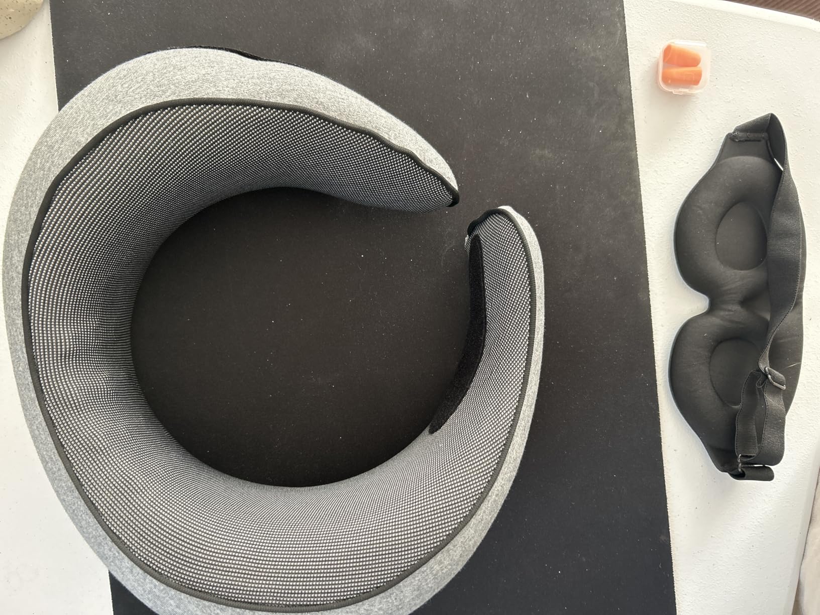 Purroch G-Shape Memory Foam Travel Neck Pillow - 100% Pure Foam Ergonomic Support with Eye Mask & Ear Plugs for Airplane Flights, Car Trips & Office Naps, Beige Gray customer photo 1