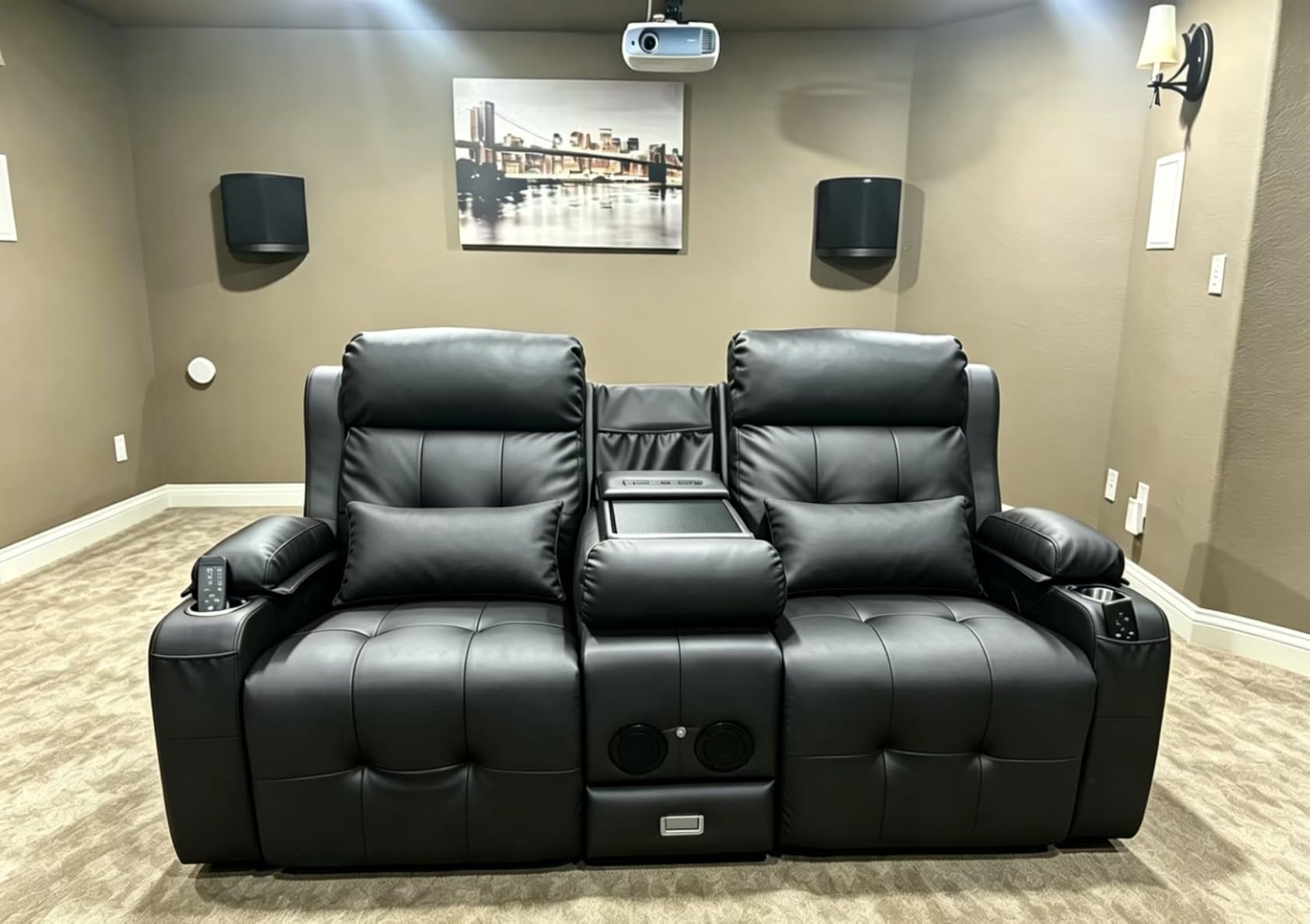 Home Theater Seating, Power Loveseat Recliner Sofa with Massage & Heating, Wall Hugger RV Couch with LED Lights & Built-in Speakers, Flip Backrest, Drawer, USB & Type-C Charging, Cup Holders, Pillows customer photo 2