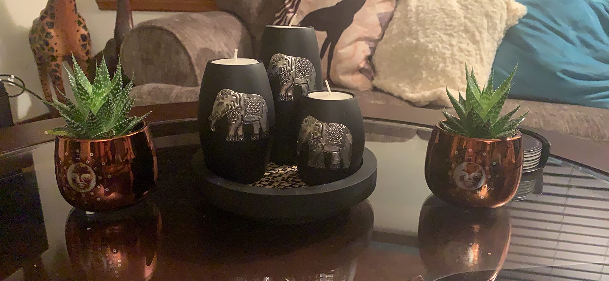 IYARA CRAFT Elephant Candle Holder Set - 3 Handmade Wood Tealight Holders with Tray, Rustic Black Home Decor, Cozy Holiday Centerpiece & Thoughtful for Women, Mom, Housewarming customer photo 1