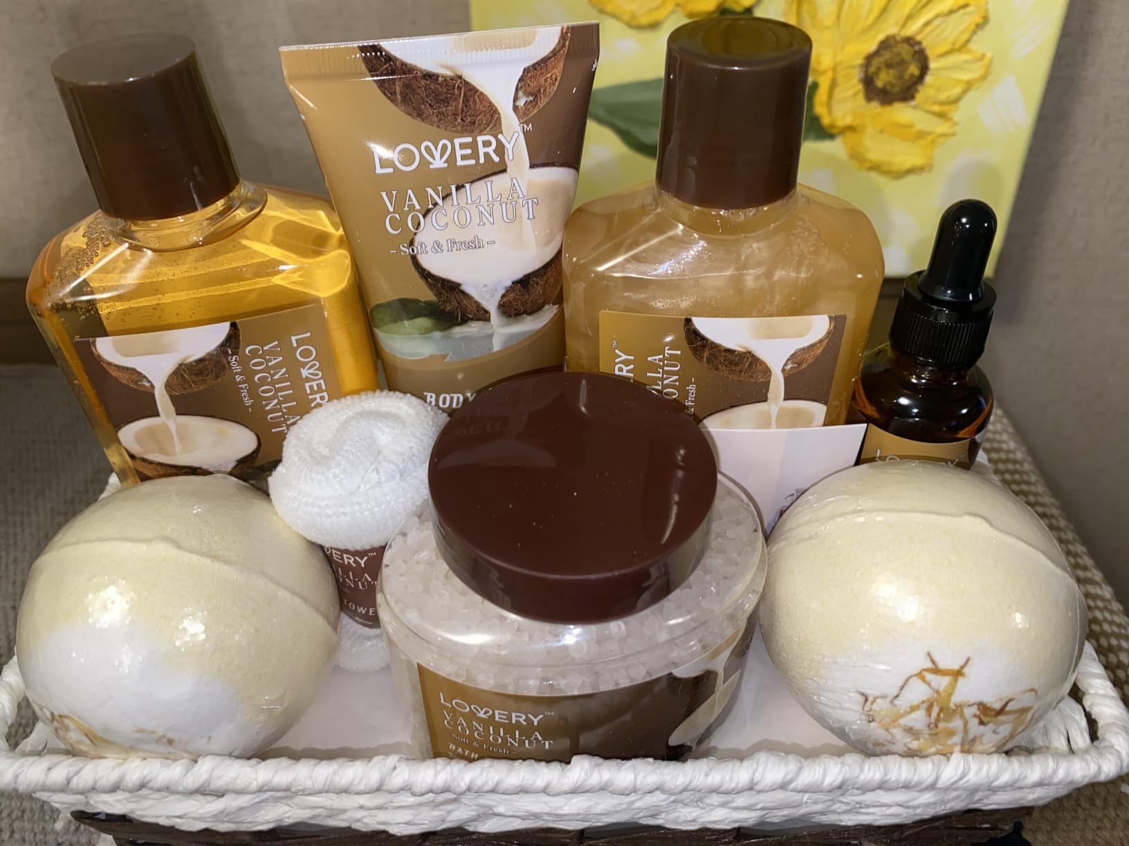 Gifts For Women Gift Basket for Women- Mothers Day Gifts for Mom, 9 Piece Set of Vanilla Coconut Home Spa Set, Luxurious Bath and Body Set, Includes Fragrant Lotions, Large Bath Bombs, Coconut Oil customer photo 1